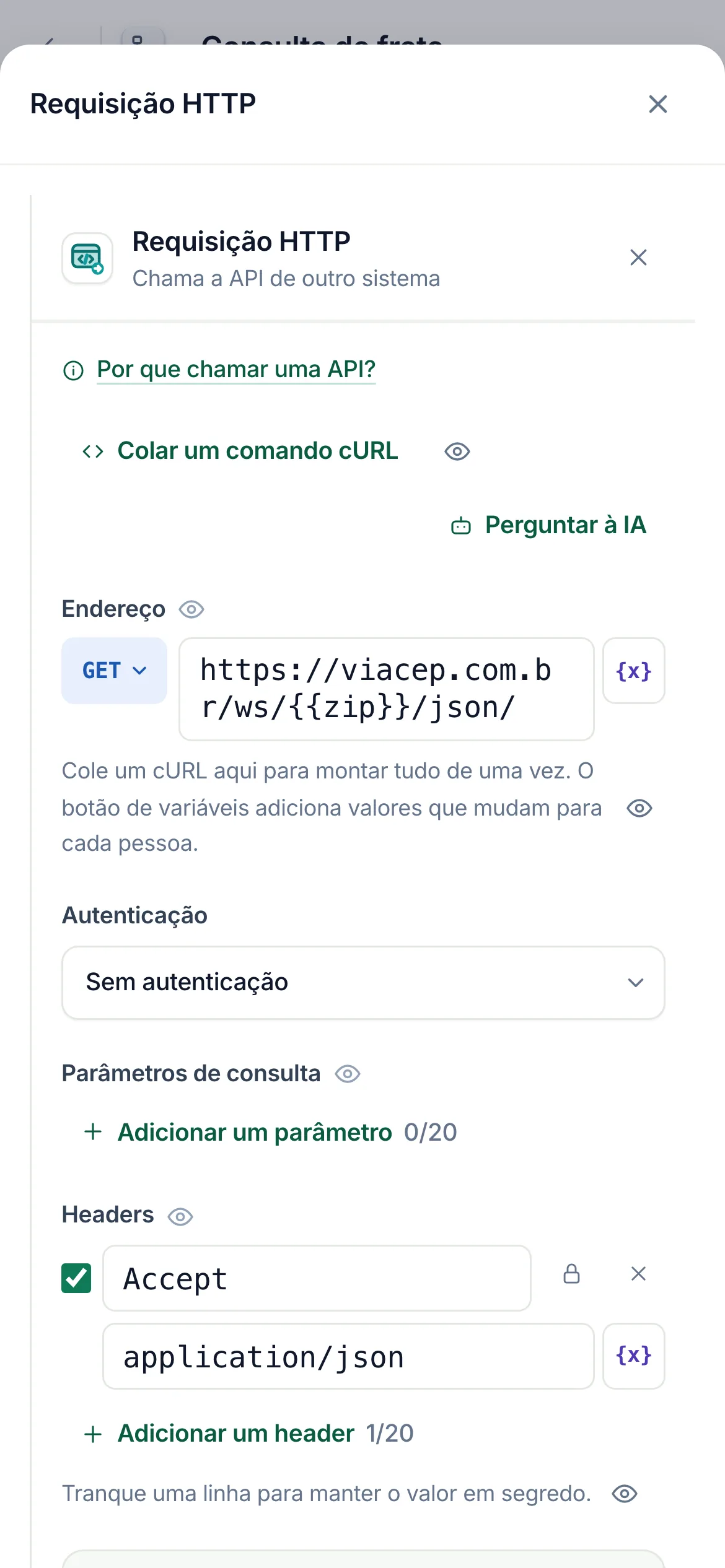 As configurações da etapa no celular.