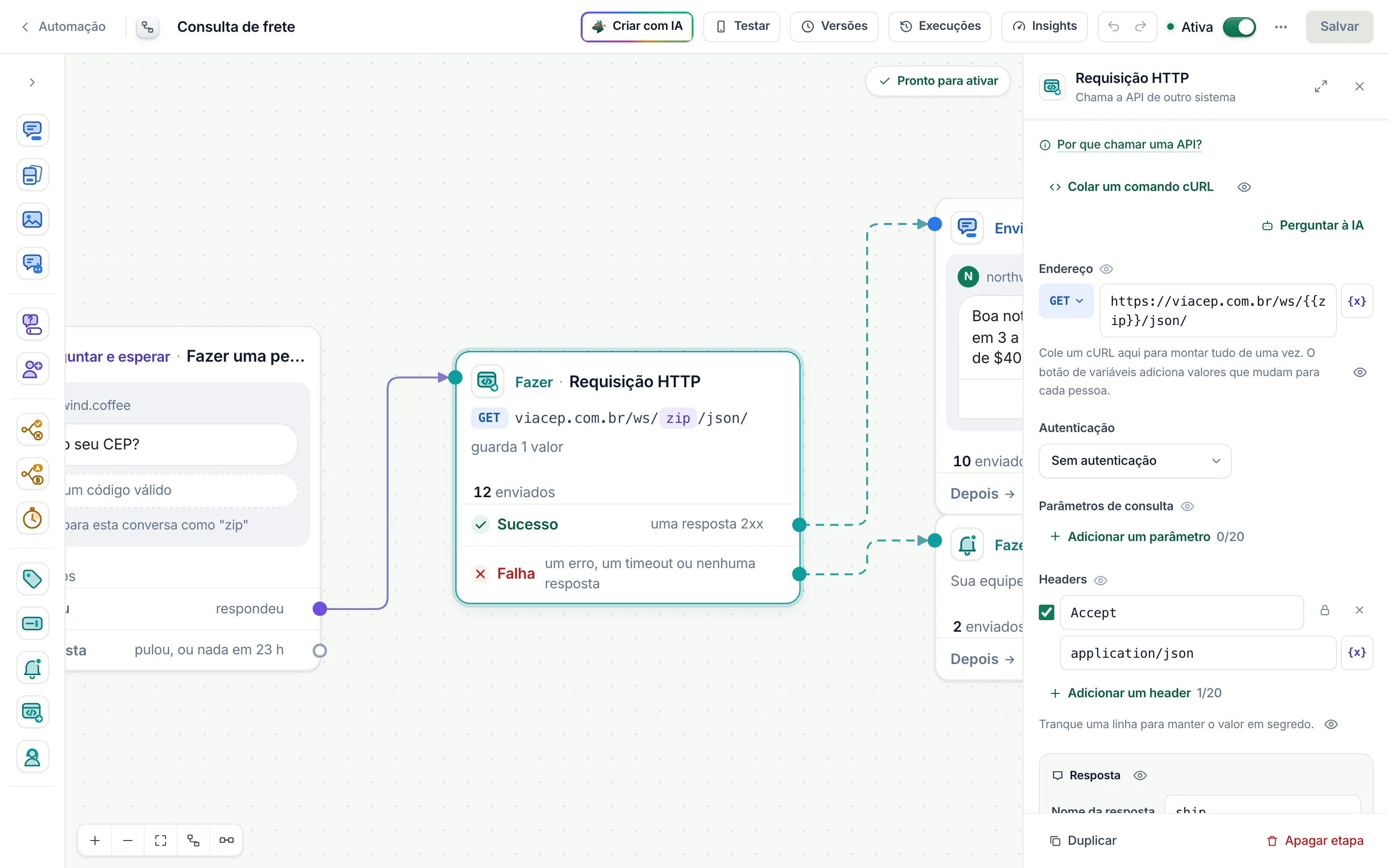 A etapa Requisição HTTP no canvas, com as configurações abertas à direita.