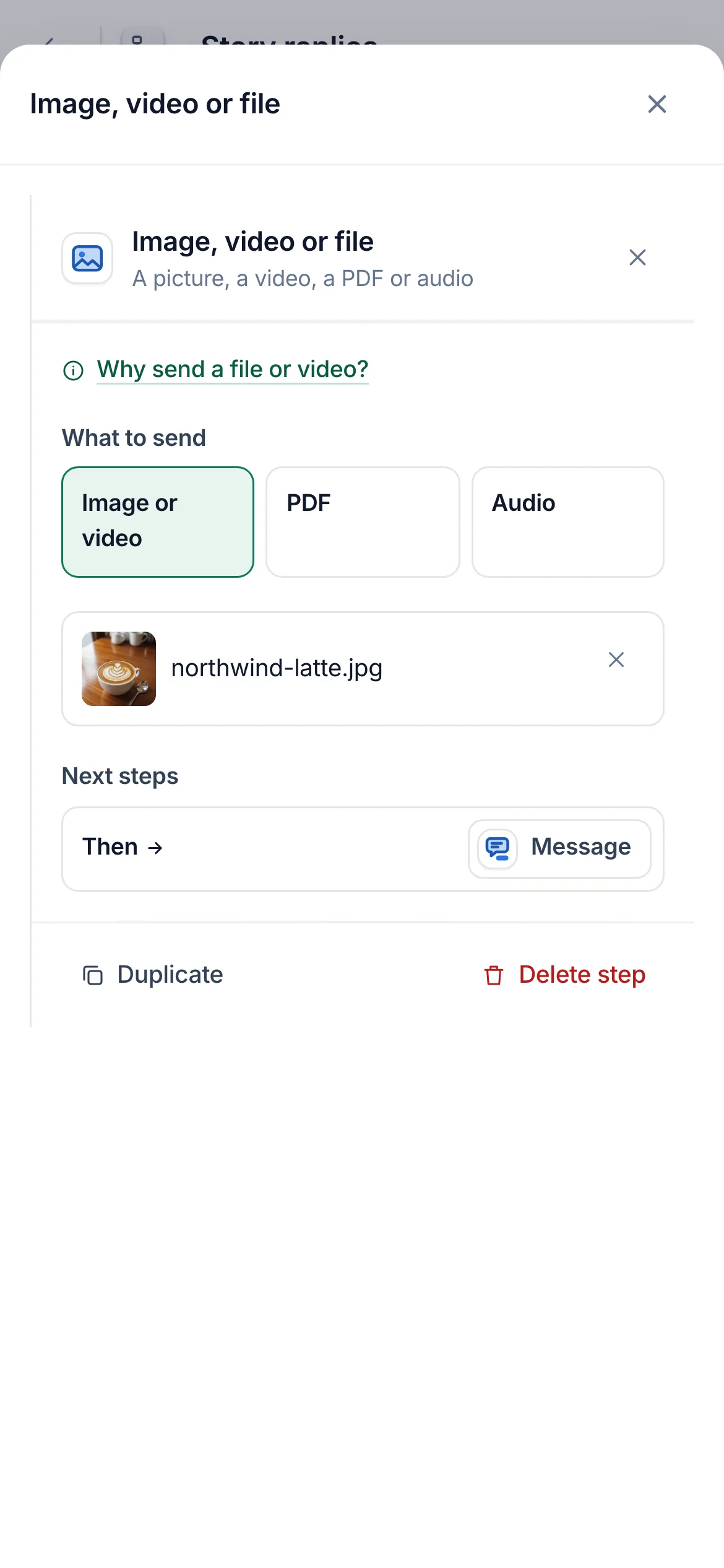 The flow builder with the media step selected and its settings open.