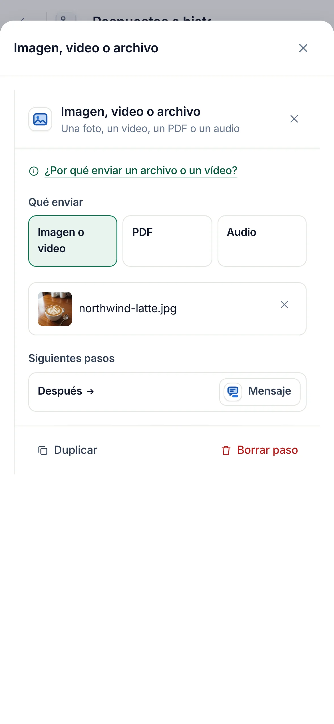 El constructor de flujos con el paso multimedia seleccionado y sus ajustes abiertos.