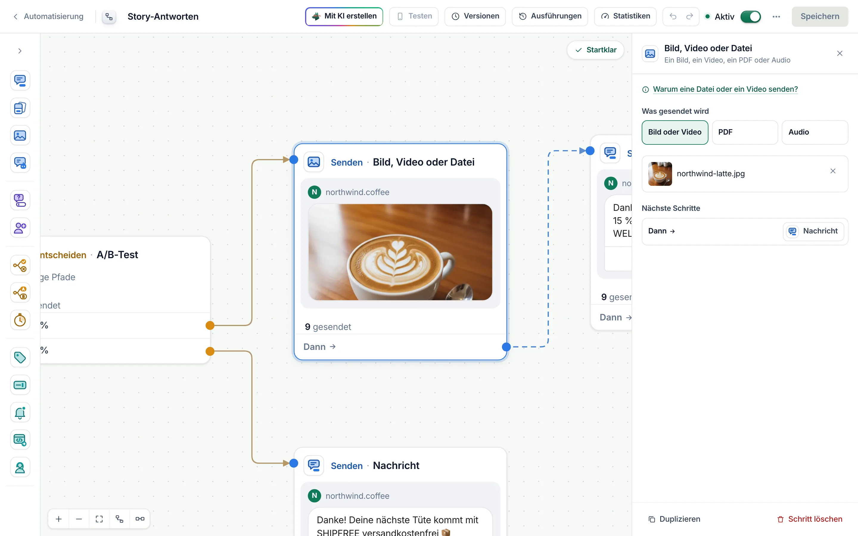 Der Flow-Builder mit ausgewähltem Medien-Schritt und geöffneten Einstellungen.