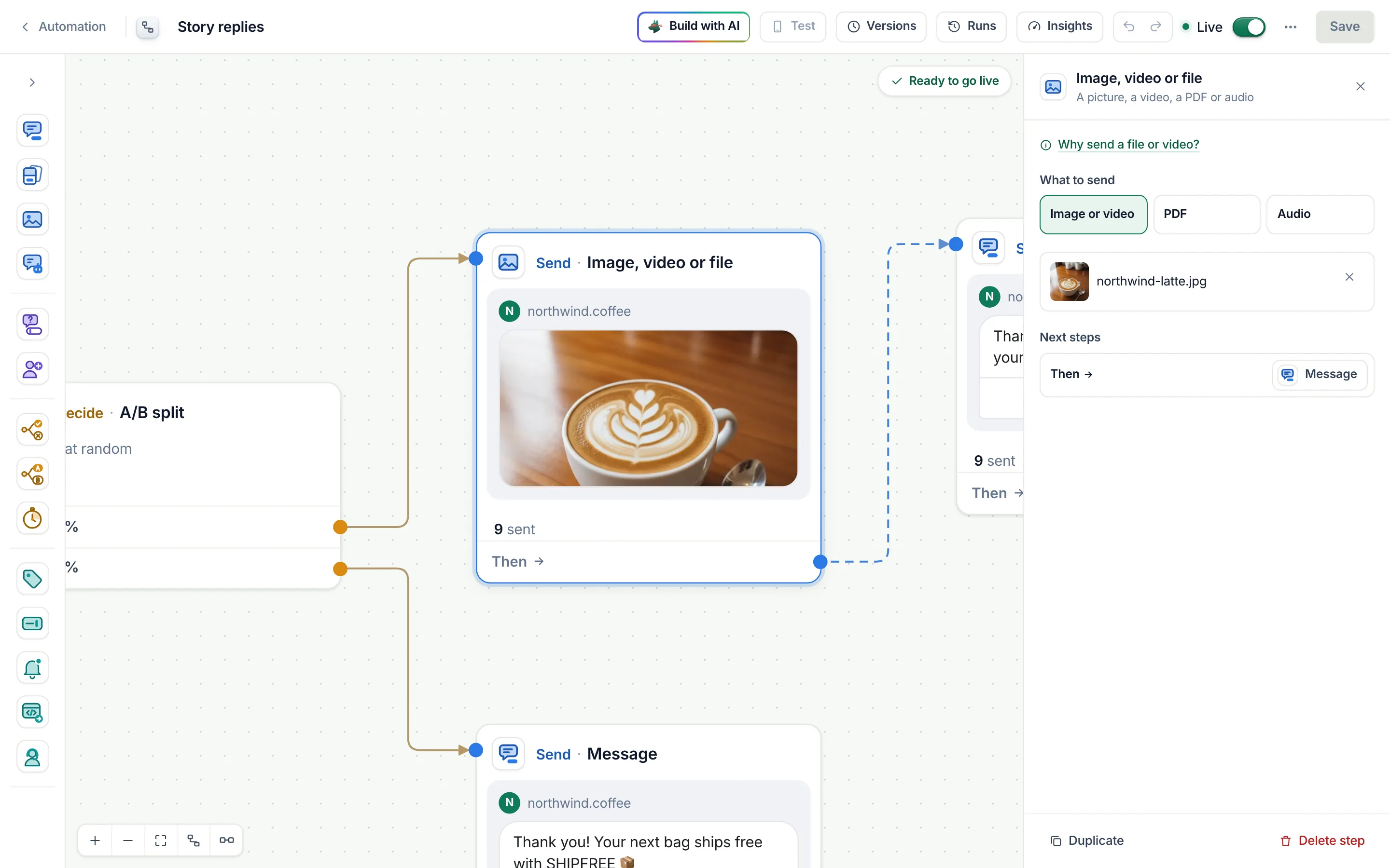 The flow builder with the media step selected and its settings open.