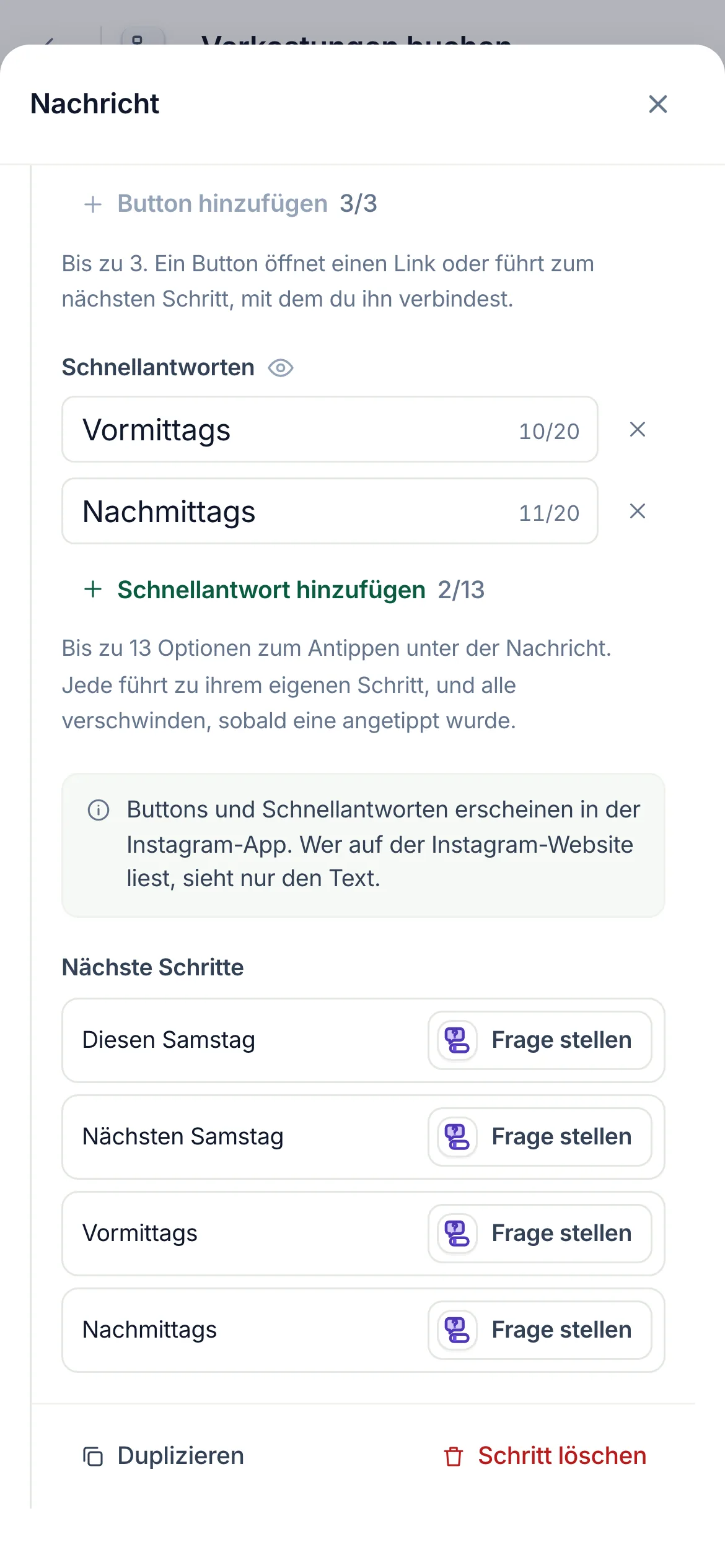 Auf dem Handy: „Nächste Schritte“ am Ende der Einstellungen des Schritts.