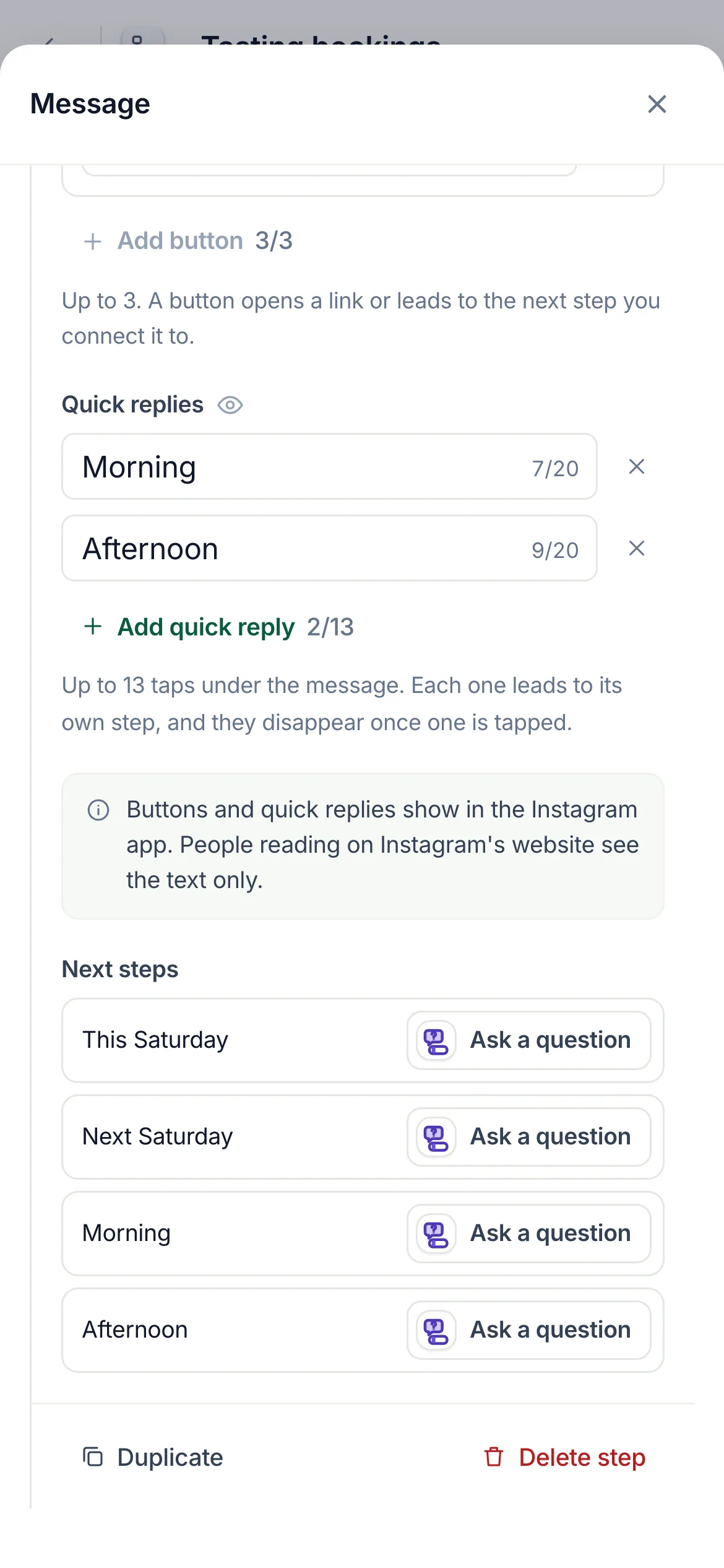 On a phone, Next steps at the end of the step's sheet.