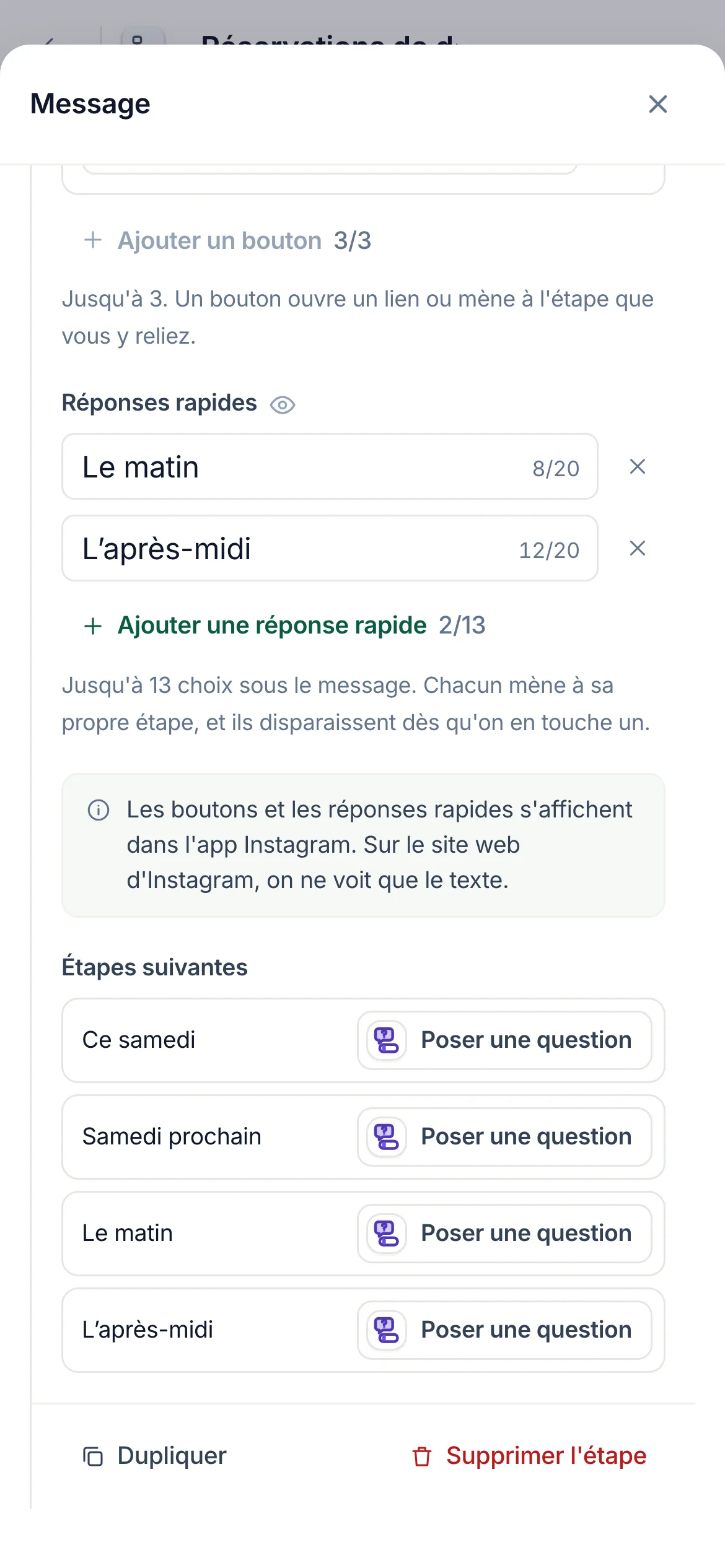 Sur un téléphone, Étapes suivantes à la fin du volet de l’étape.