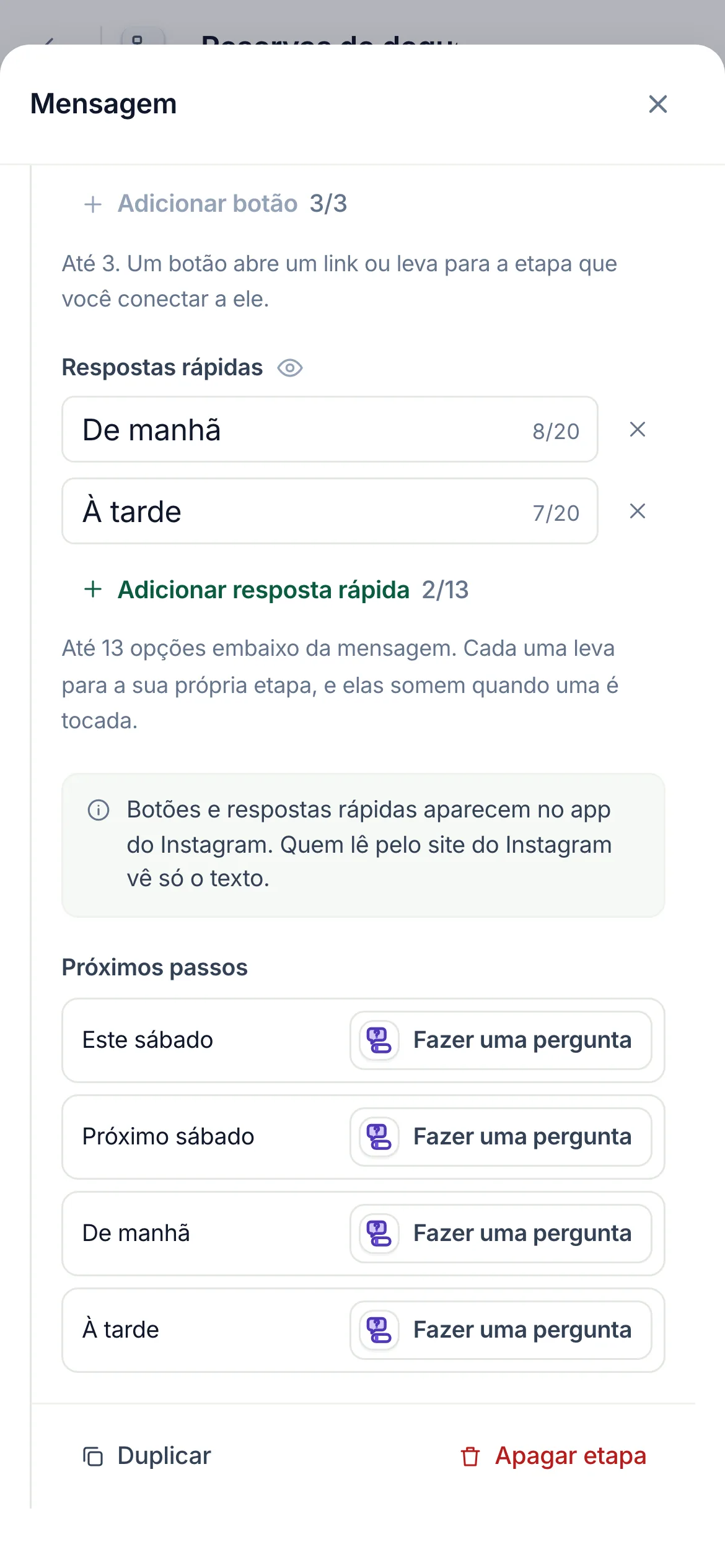 No celular, Próximos passos no fim do painel inferior da etapa.