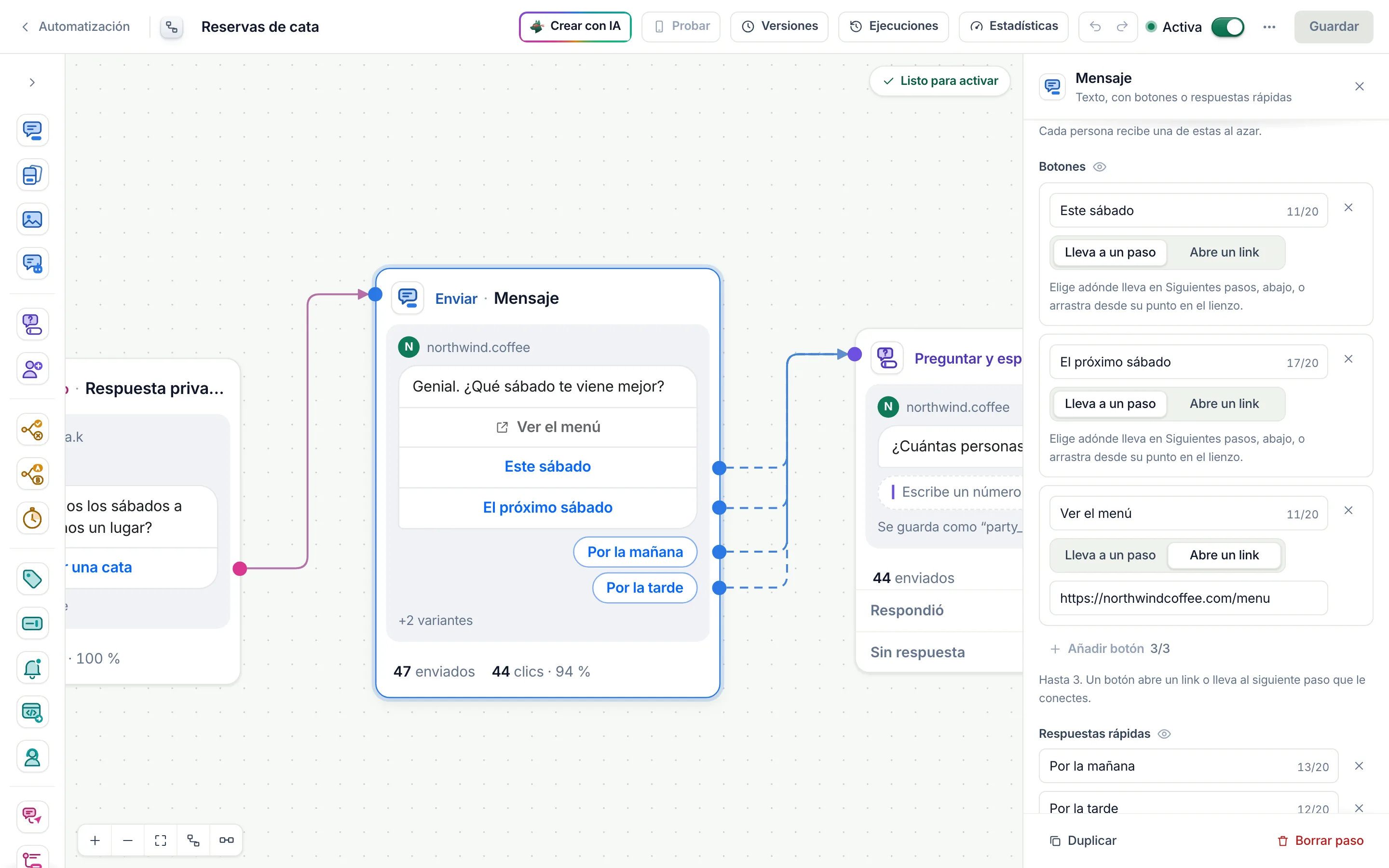 Botones: el primer botón, con su texto y su opción, Lleva a un paso o Abre un link. El tercero, Ver el menú, abre un link.