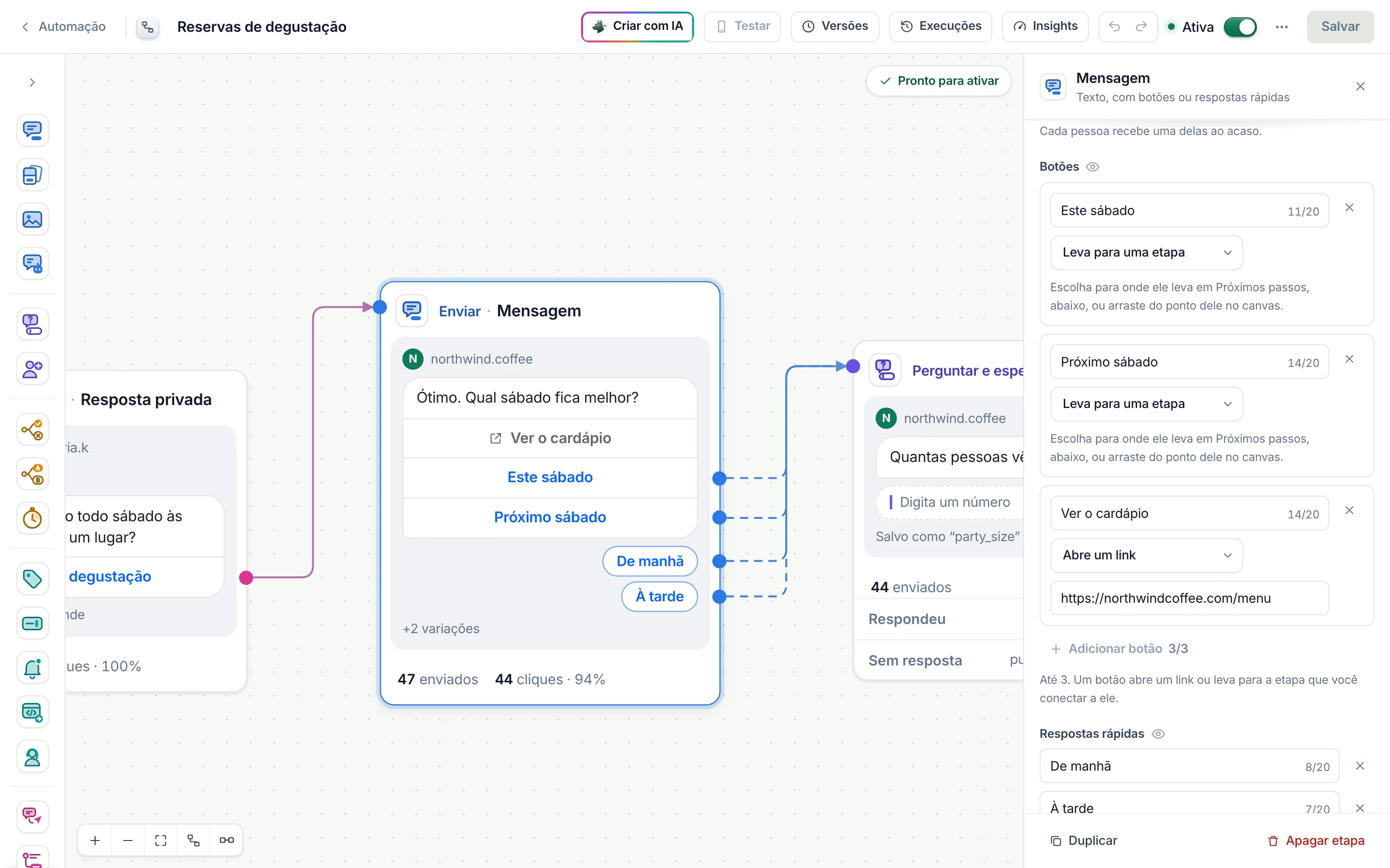 Botões: o primeiro botão, com o texto e a escolha dele, Leva para uma etapa ou Abre um link. O terceiro, Ver o cardápio, abre um link.