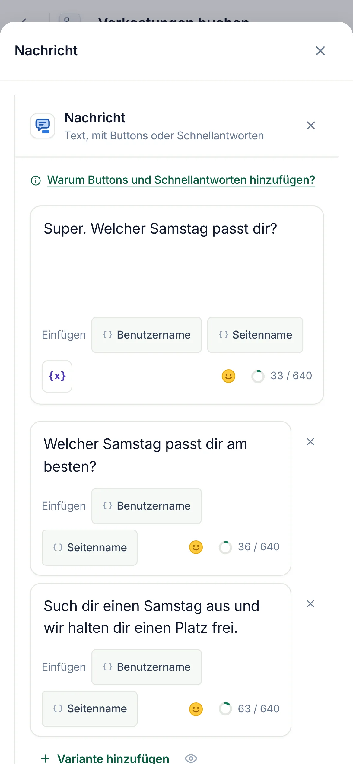 Der Flow-Builder mit ausgewähltem Schritt Nachricht und geöffneten Einstellungen.
