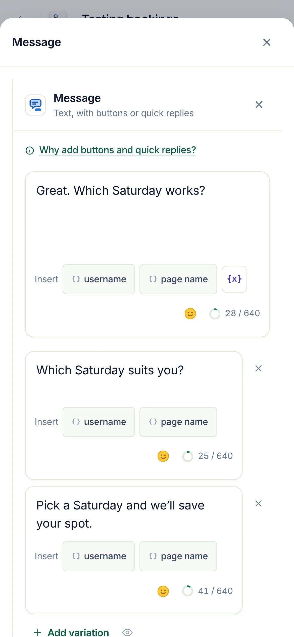 The flow builder with the Message step selected and its settings open.