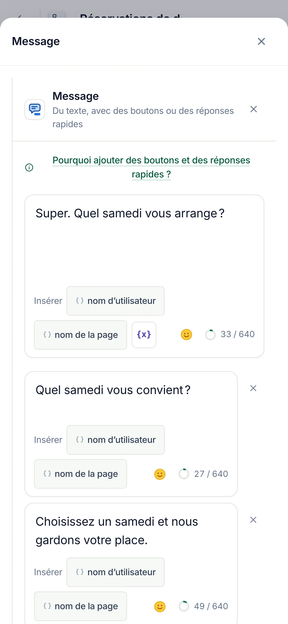Le créateur de flows avec l’étape Message sélectionnée et ses réglages ouverts.