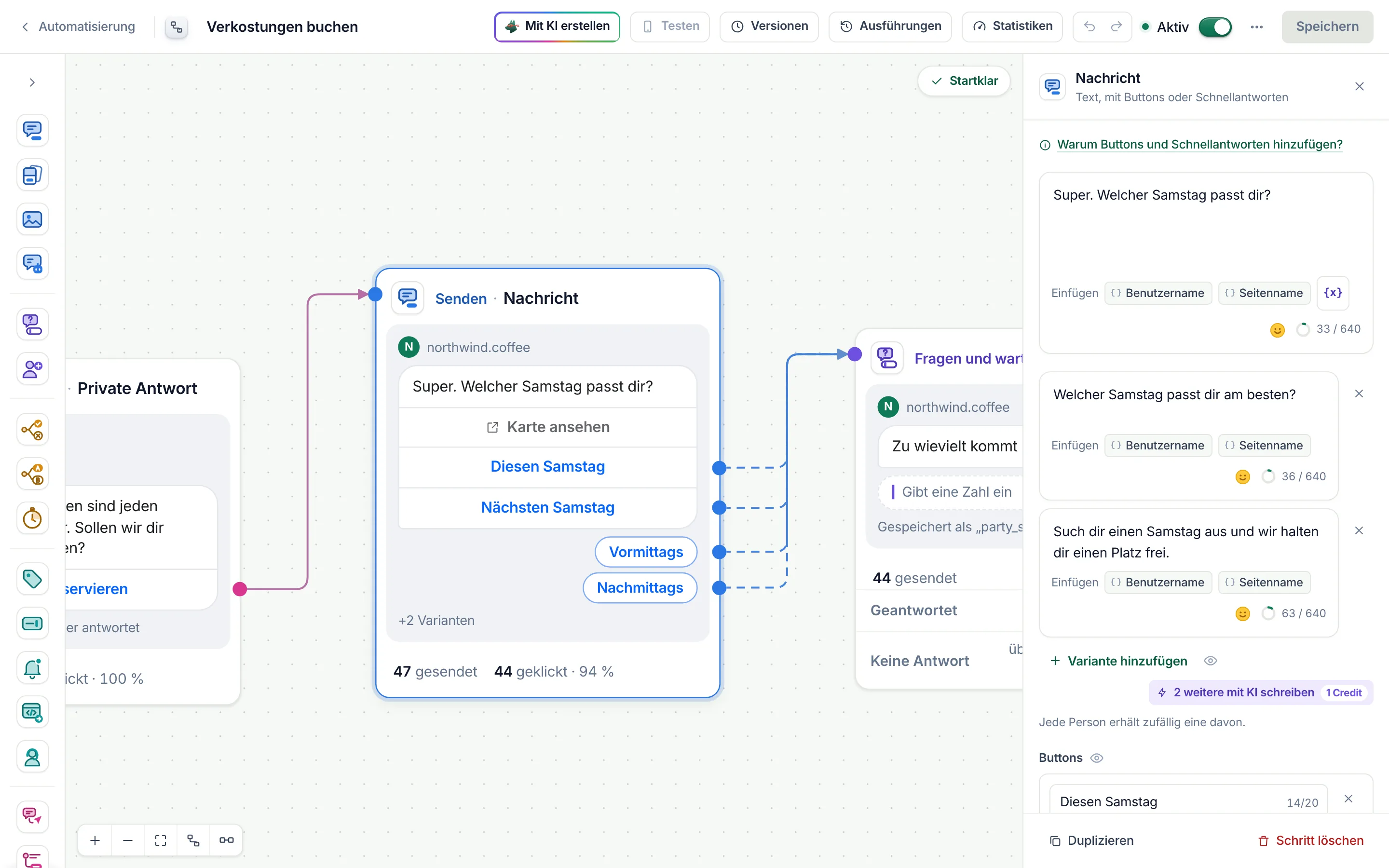 Der Flow-Builder mit ausgewähltem Schritt Nachricht und geöffneten Einstellungen.