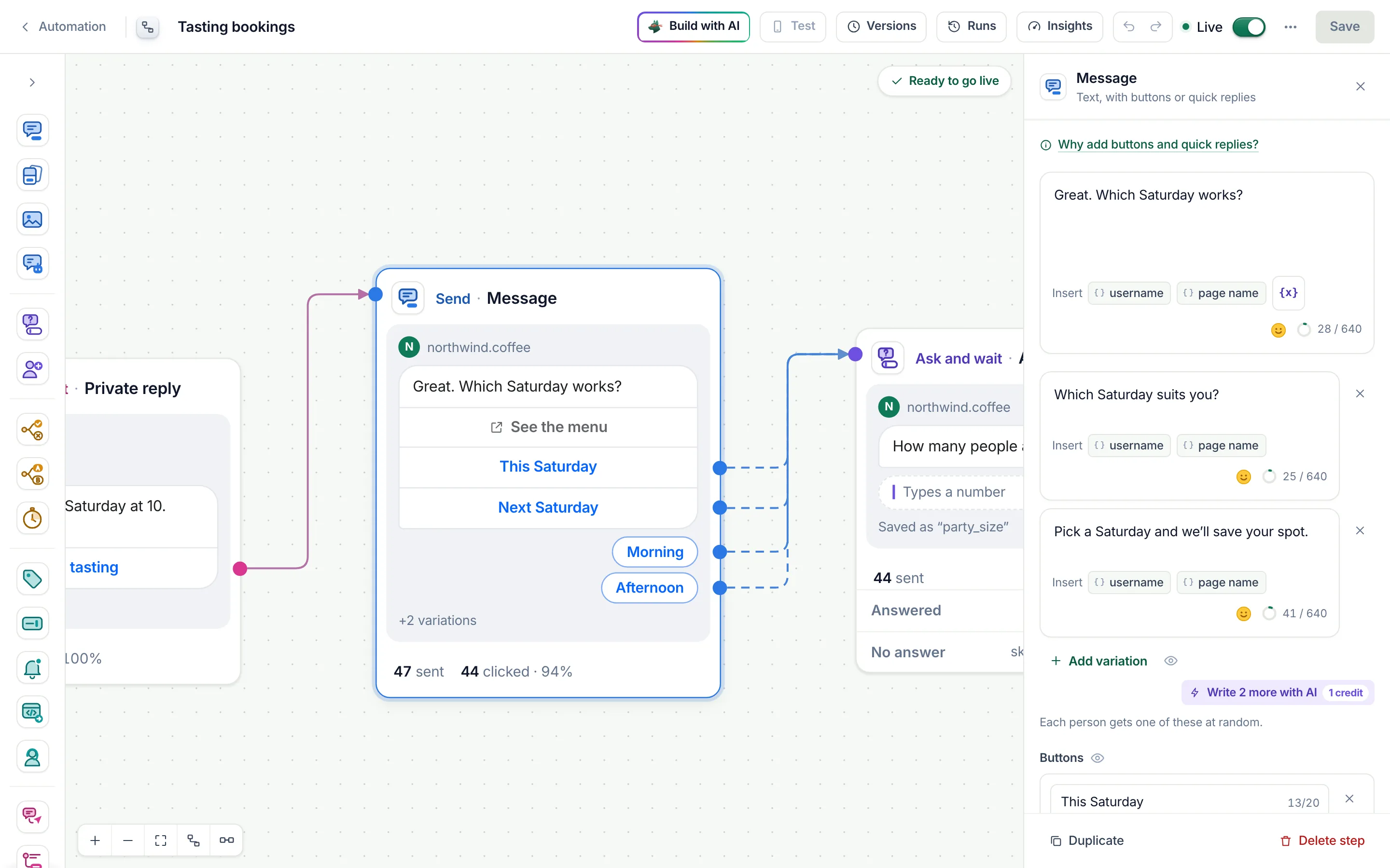 The flow builder with the Message step selected and its settings open.