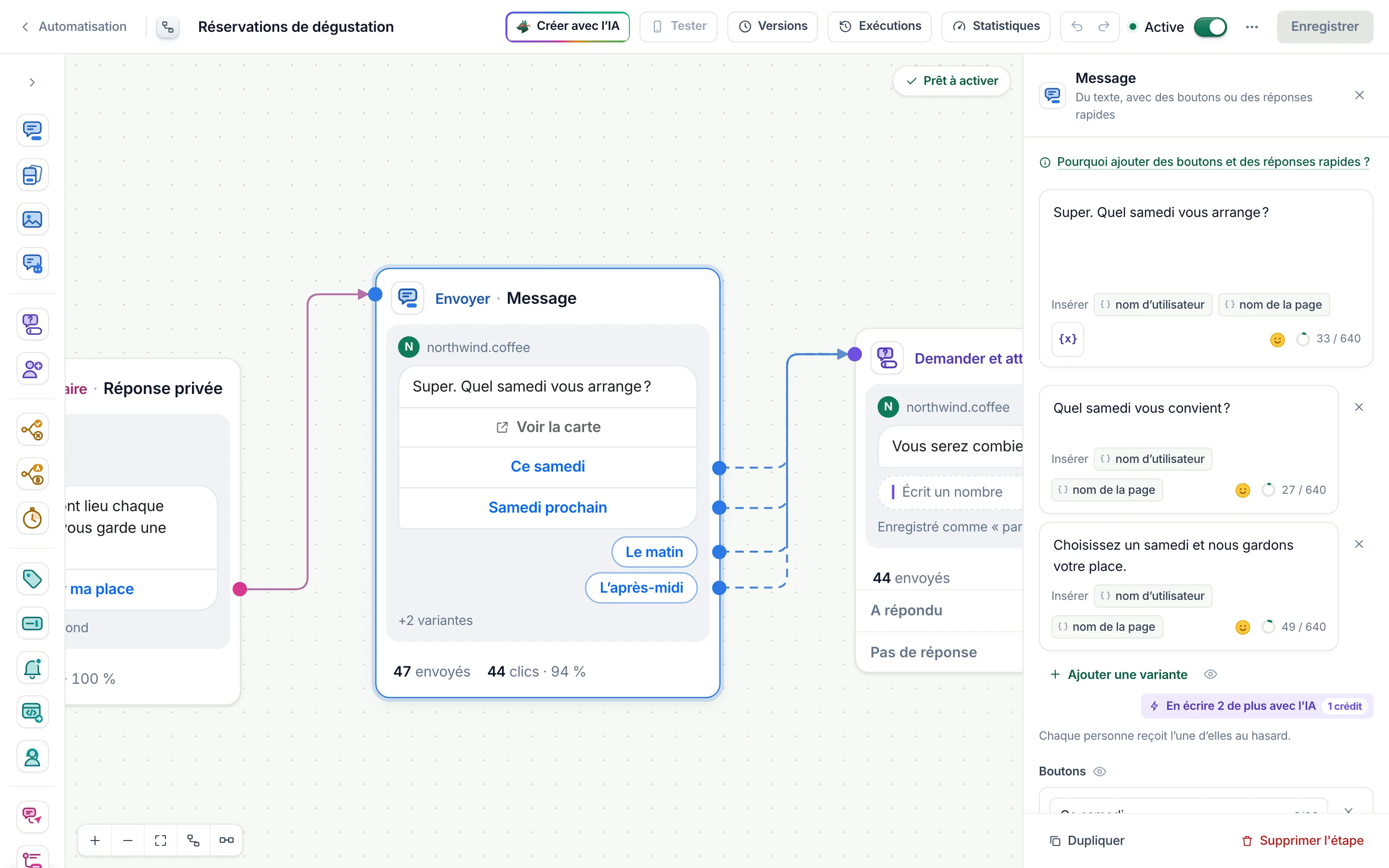 Le créateur de flows avec l’étape Message sélectionnée et ses réglages ouverts.