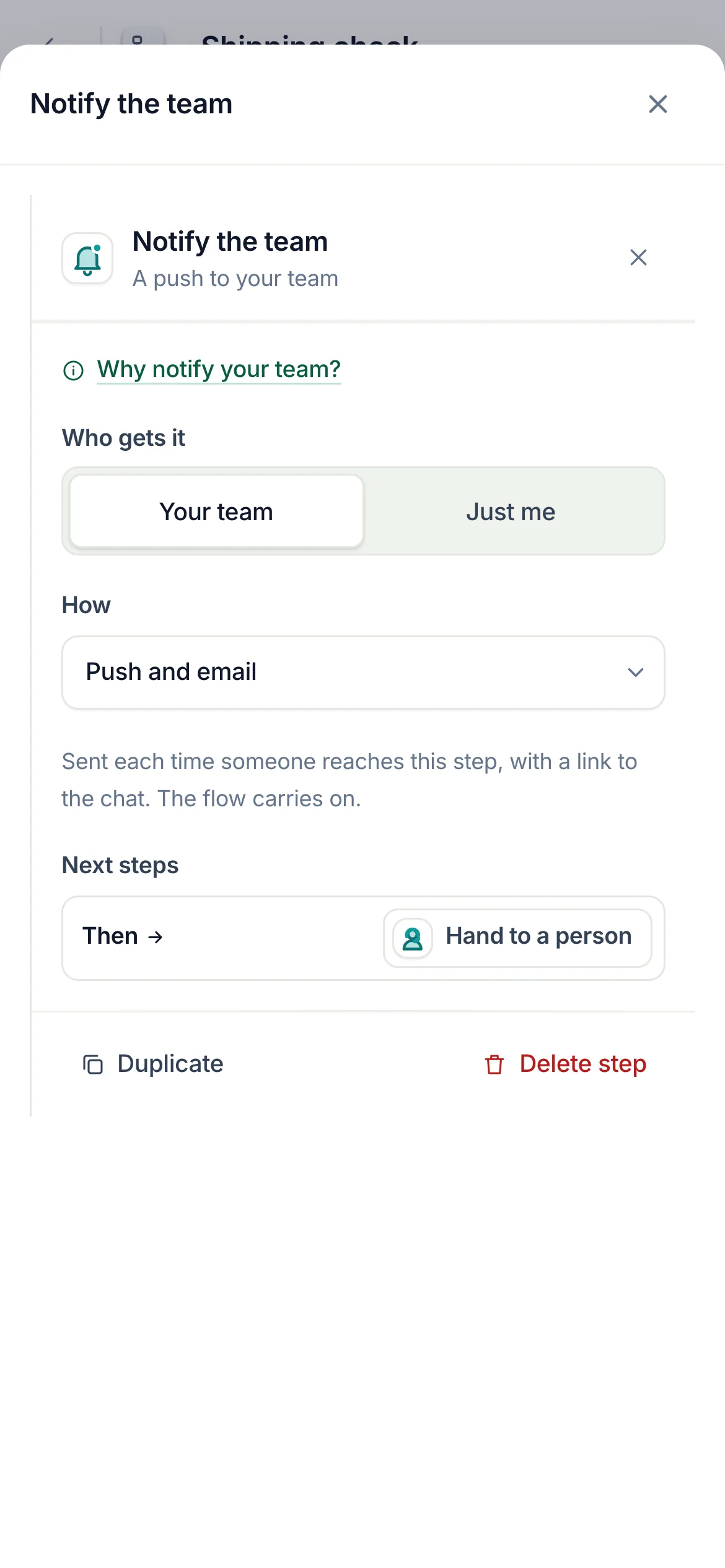 The flow builder with Notify the team selected after an HTTP request’s Failed way: Your team, Push and email, then Hand to a person.
