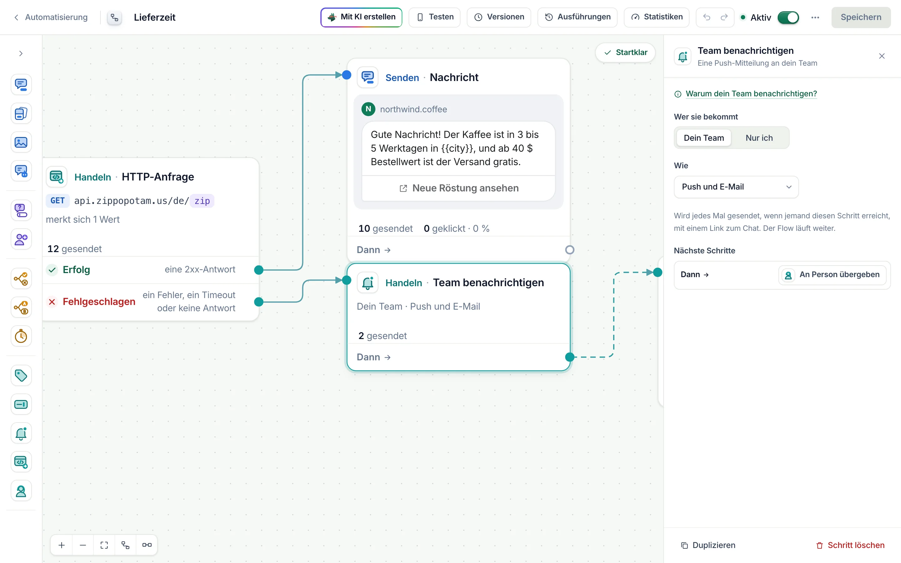 Der Flow-Builder mit ausgewähltem Schritt Team benachrichtigen nach dem Ausgang Fehlgeschlagen einer HTTP-Anfrage: Dein Team, Push und E-Mail, danach An Person übergeben.