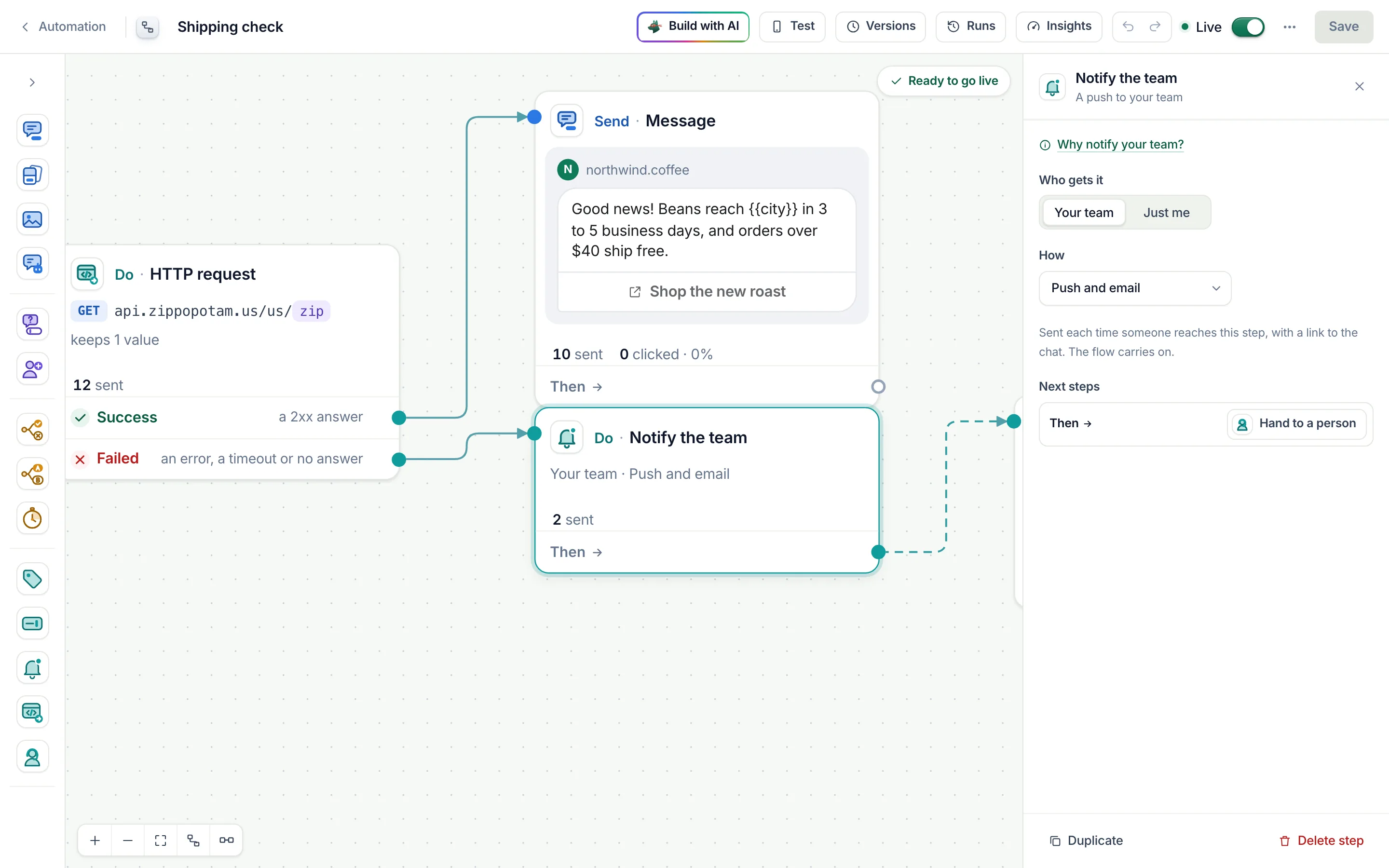 The flow builder with Notify the team selected after an HTTP request’s Failed way: Your team, Push and email, then Hand to a person.