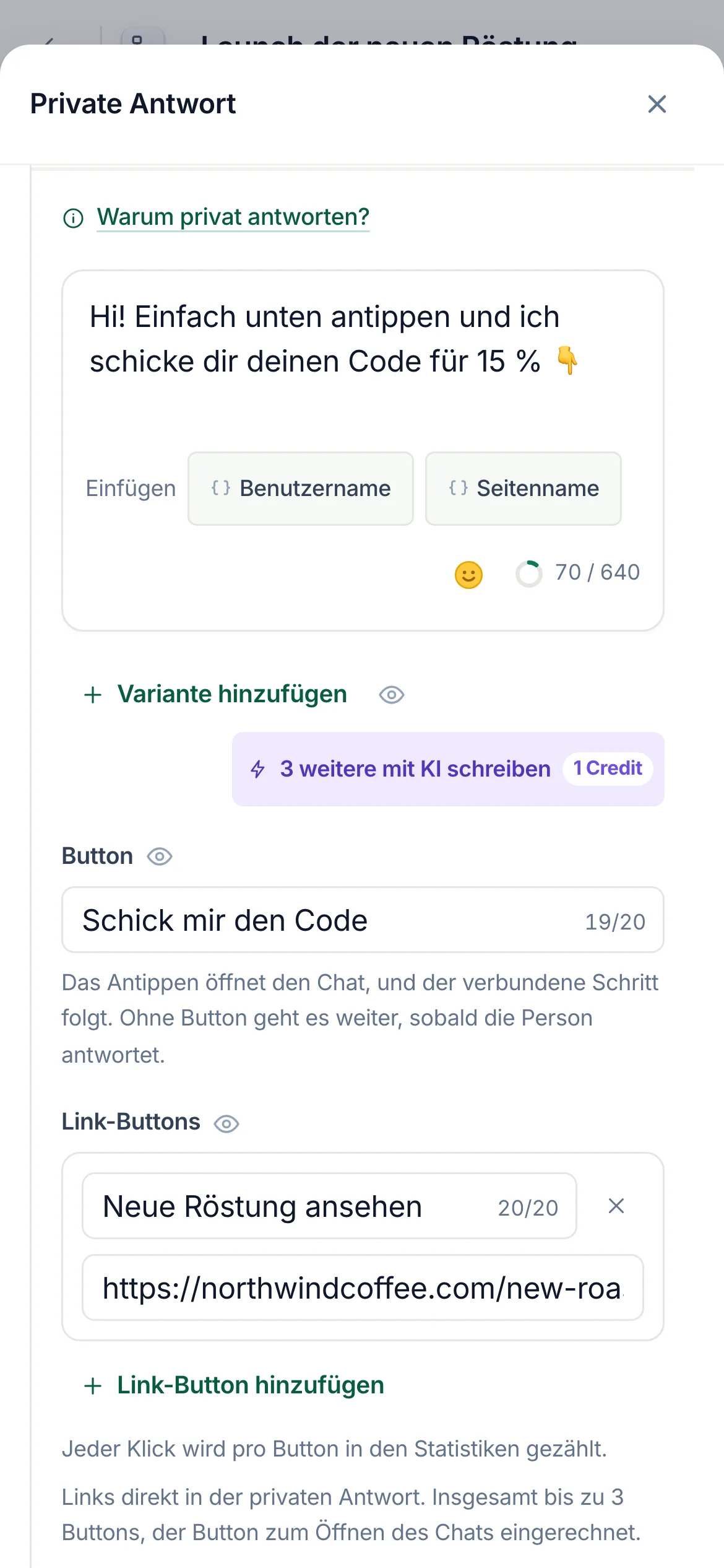 Der Flow-Builder mit ausgewähltem Schritt Private Antwort und geöffneten Einstellungen.