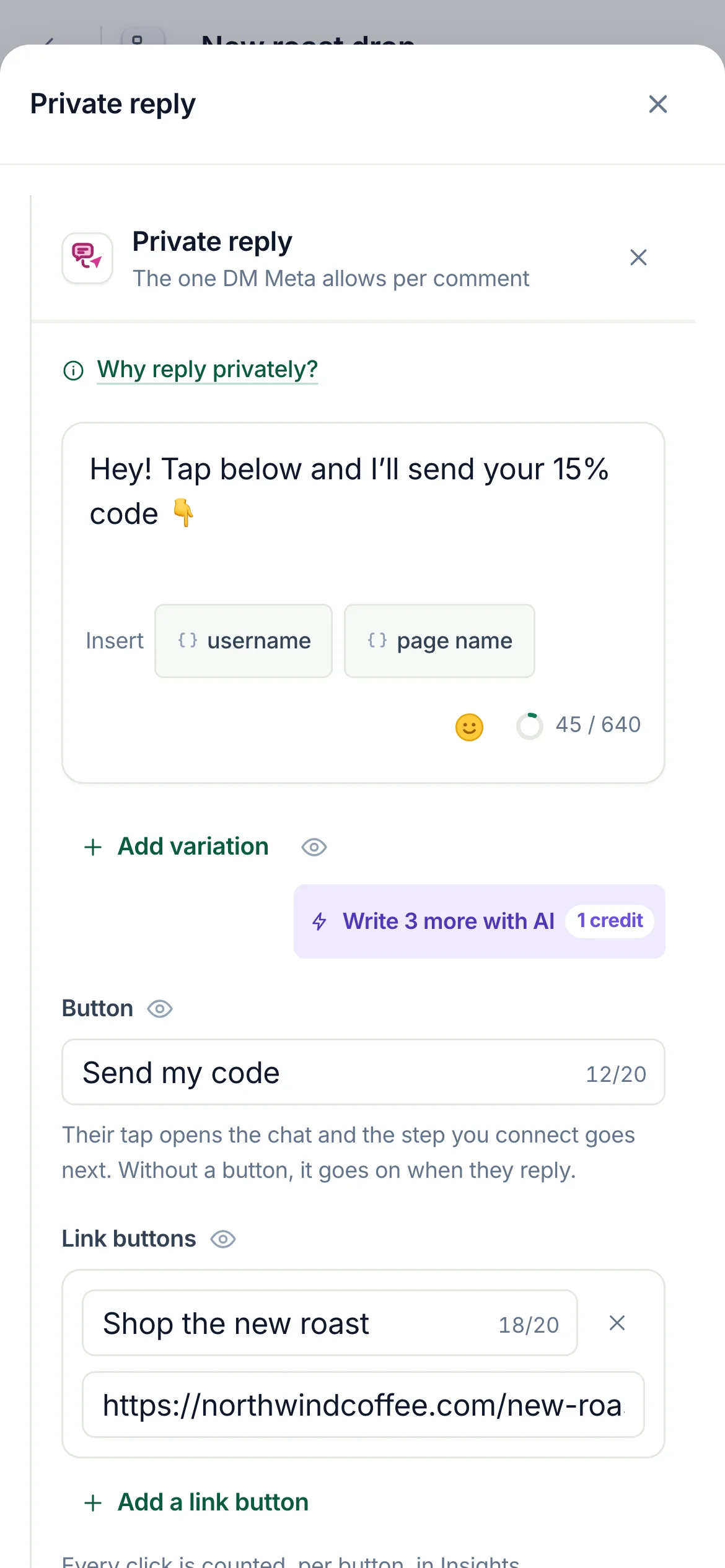 The flow builder with the Private reply step selected and its settings open.