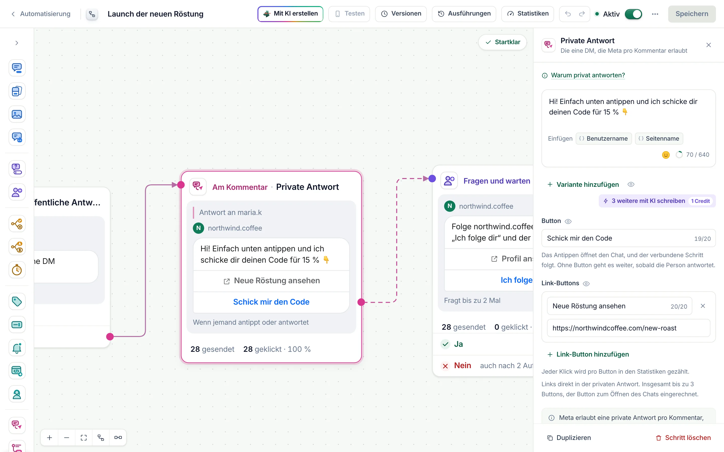 Der Flow-Builder mit ausgewähltem Schritt Private Antwort und geöffneten Einstellungen.