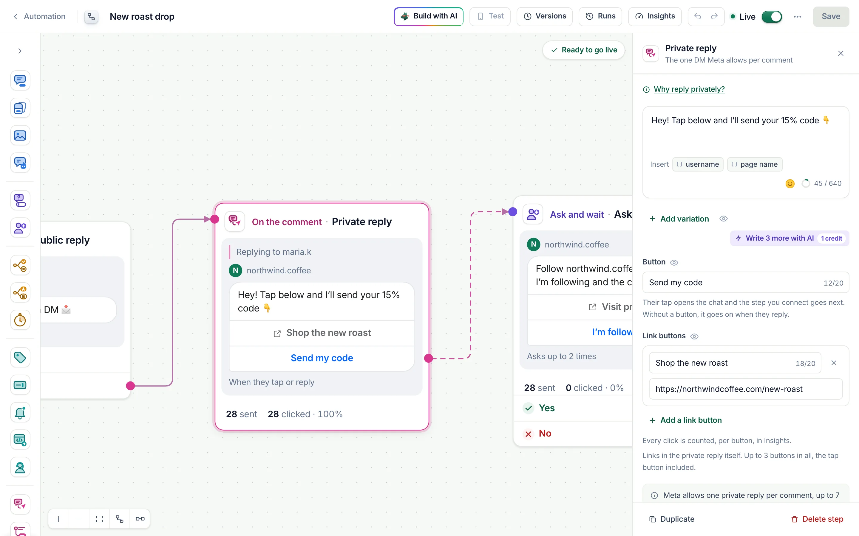 The flow builder with the Private reply step selected and its settings open.