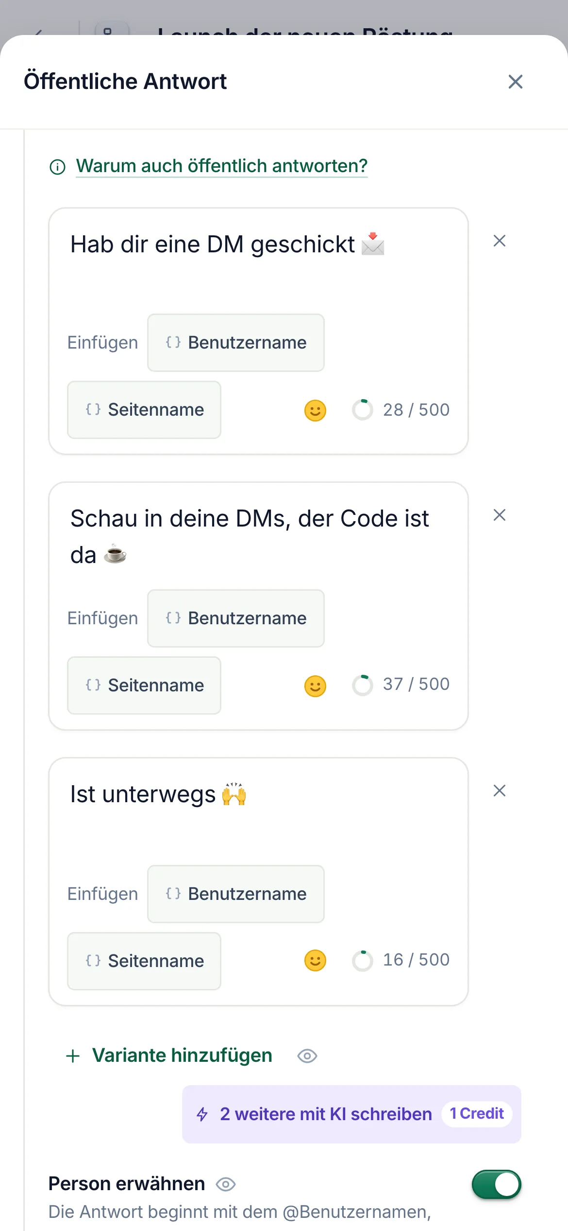 Der Flow-Builder mit ausgewähltem Schritt Öffentliche Antwort und geöffneten Einstellungen.