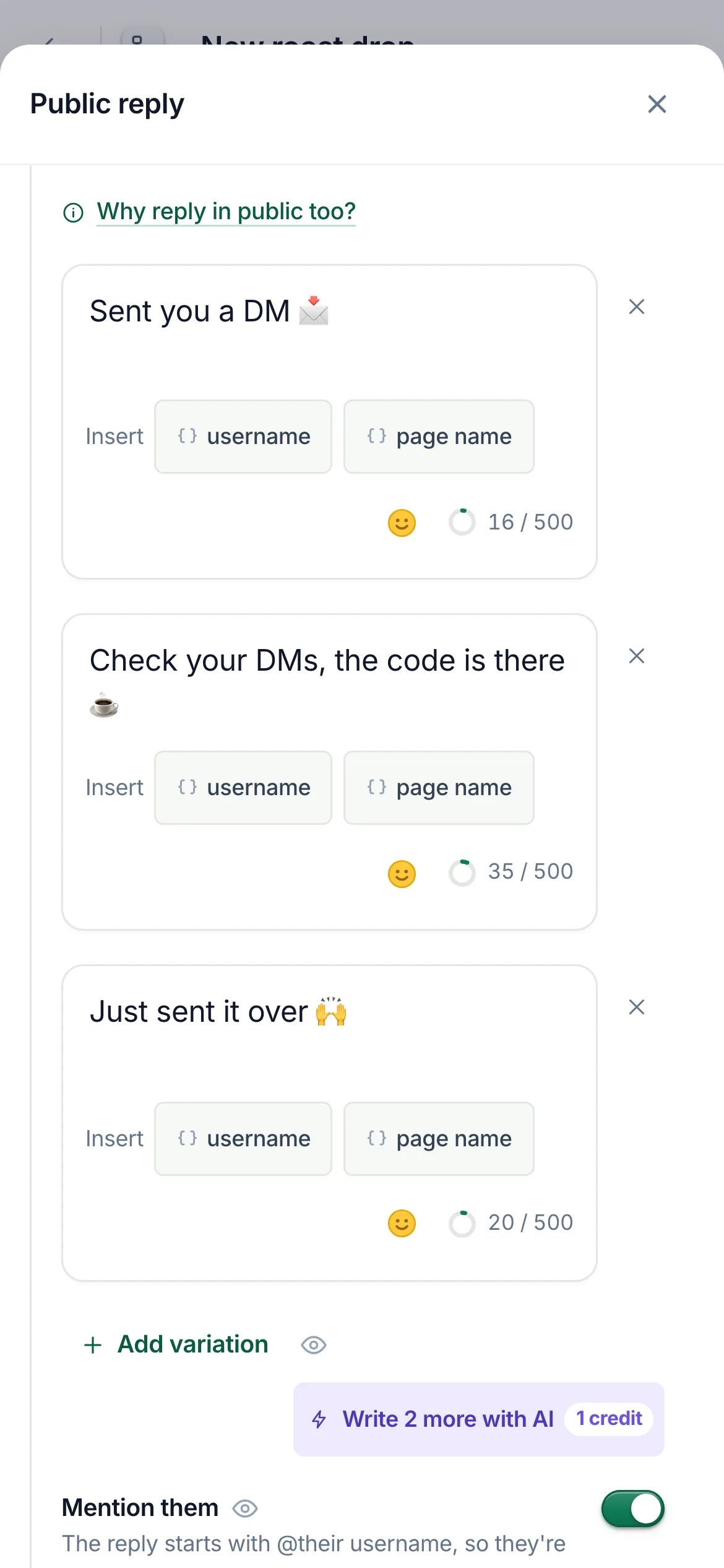 The flow builder with the Public reply step selected and its settings open.