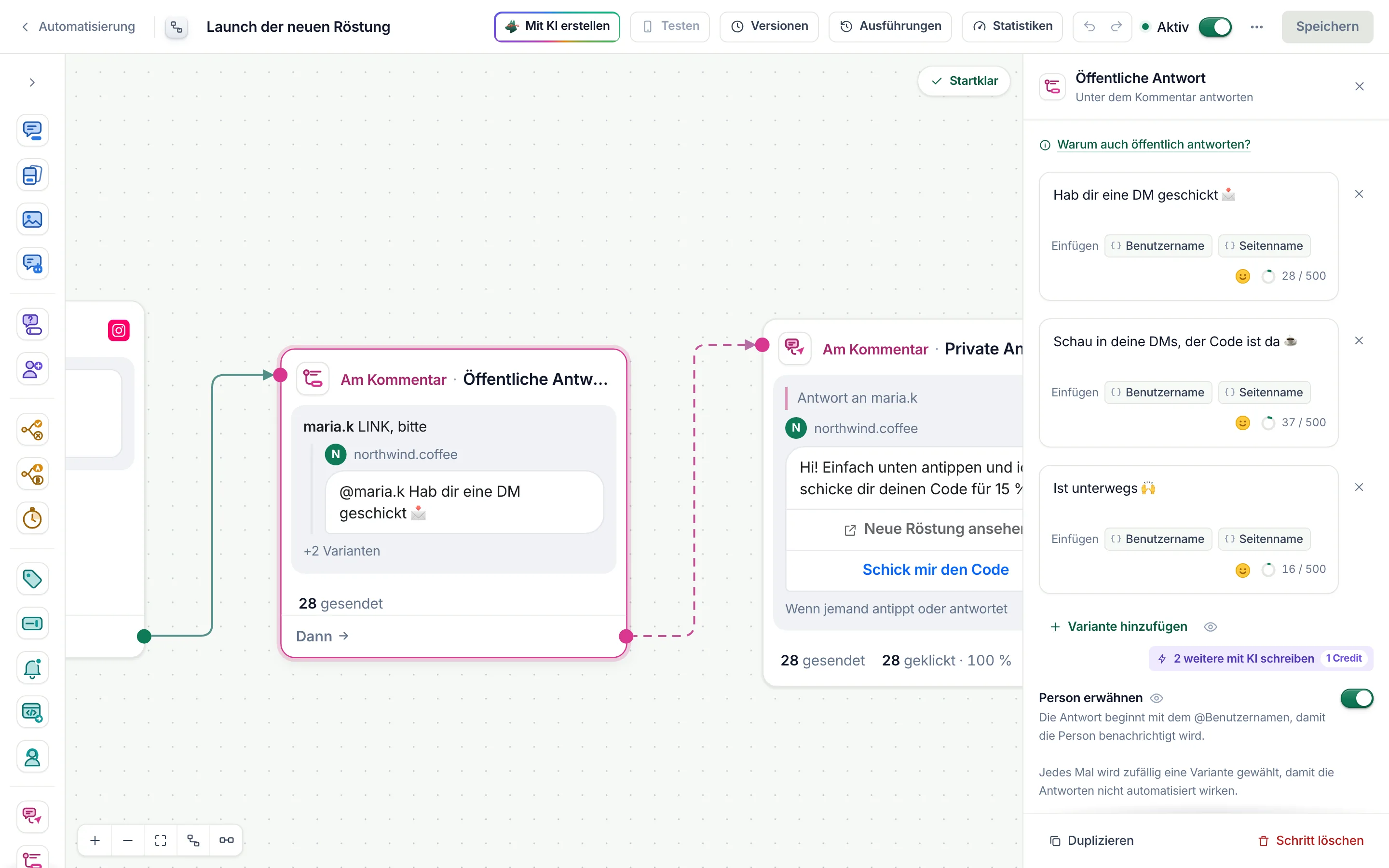 Der Flow-Builder mit ausgewähltem Schritt Öffentliche Antwort und geöffneten Einstellungen.