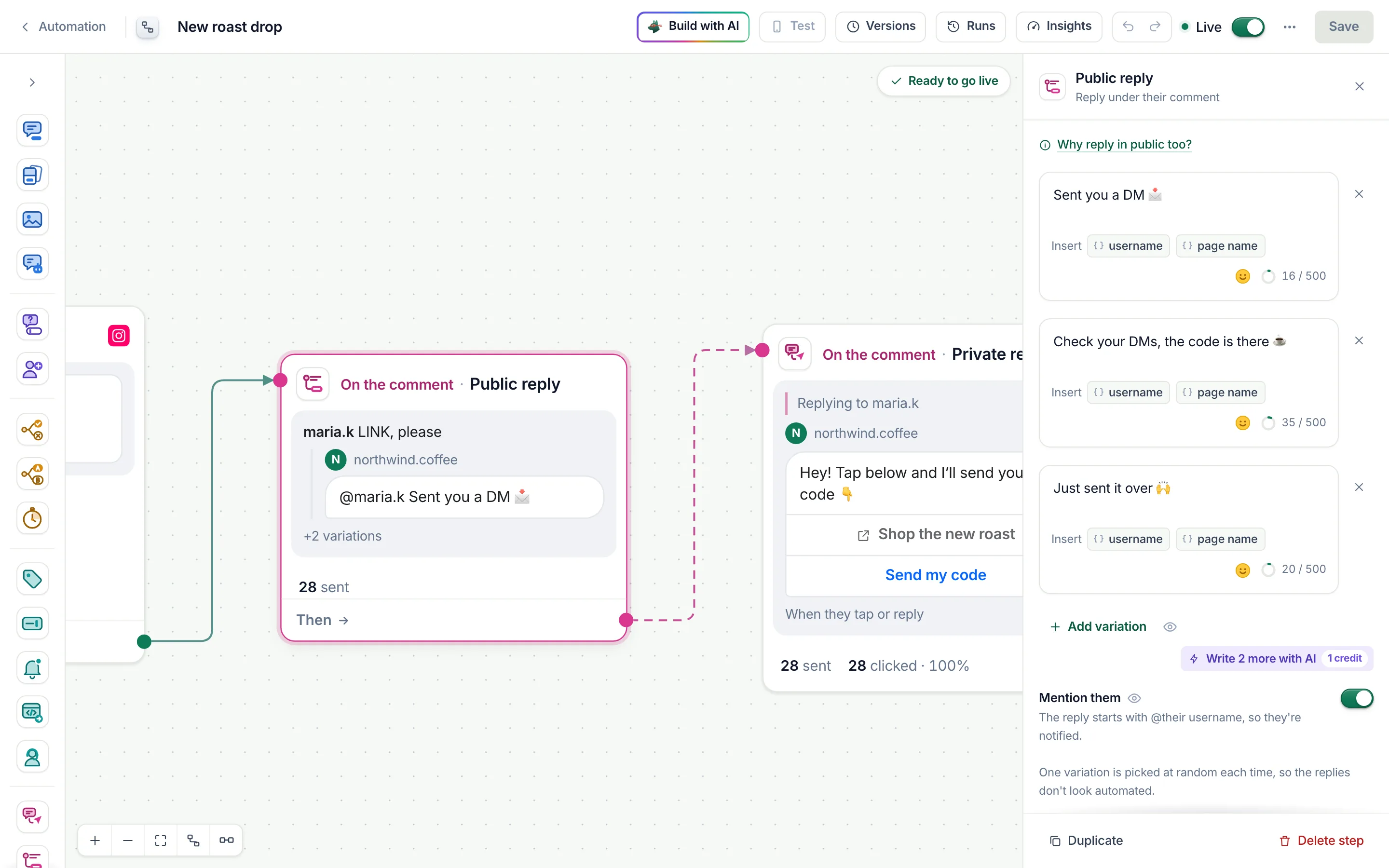 The flow builder with the Public reply step selected and its settings open.