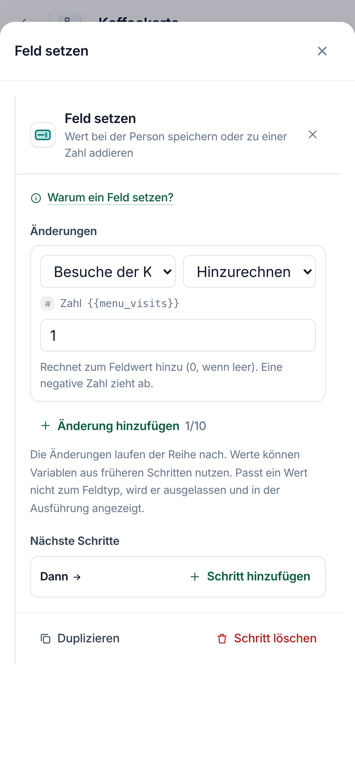 Der Flow-Builder mit ausgewähltem Schritt Feld setzen: Kartenaufrufe, Hinzurechnen, 1.