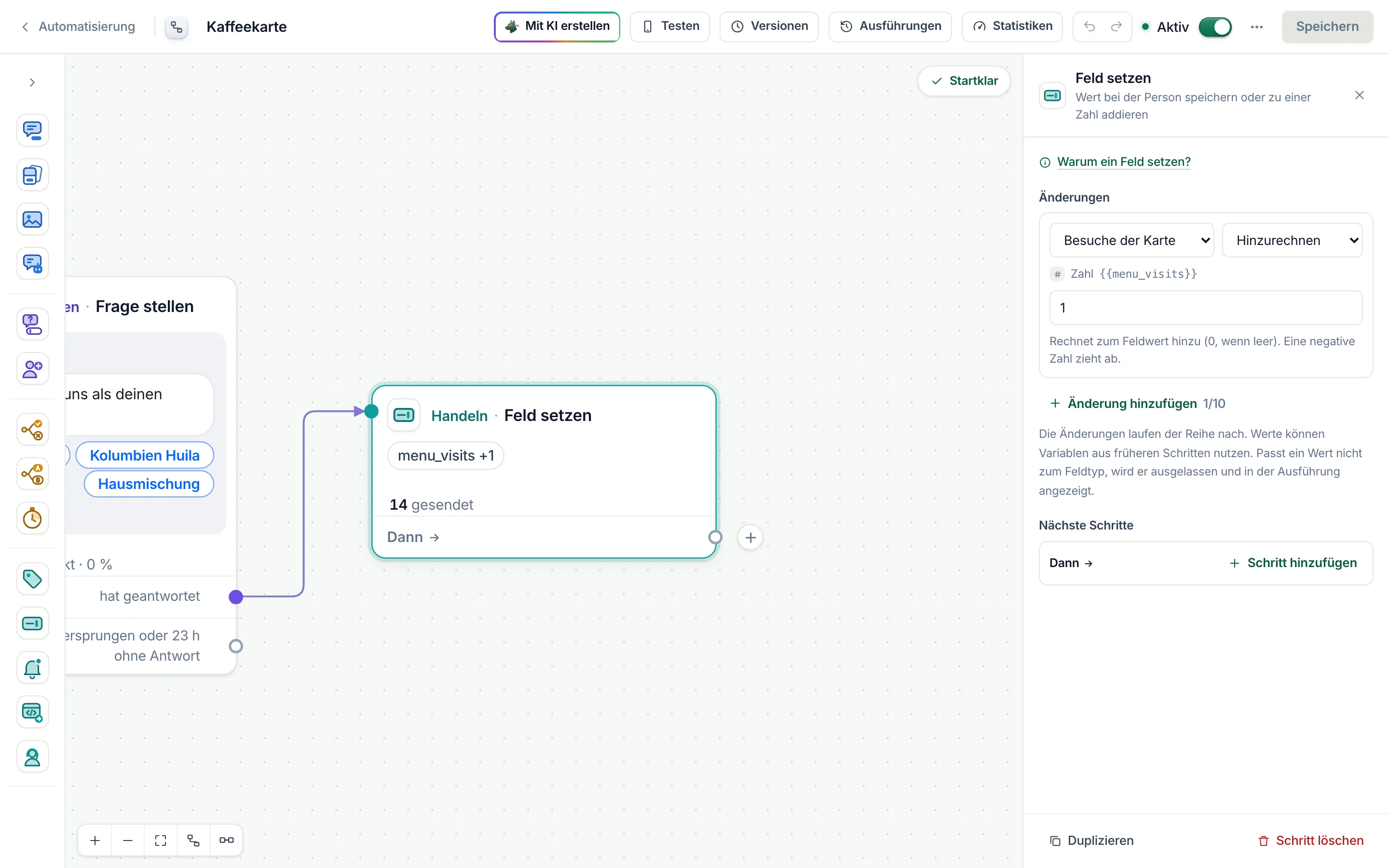 Der Flow-Builder mit ausgewähltem Schritt Feld setzen: Kartenaufrufe, Hinzurechnen, 1.