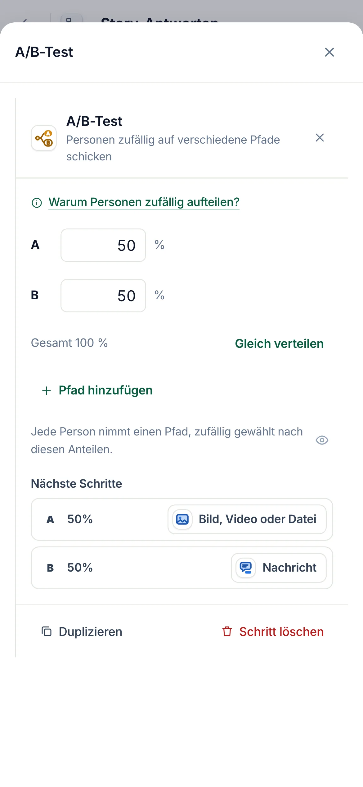 Der Flow-Builder mit ausgewähltem A/B-Test: 2 zufällige Pfade, 50&nbsp;% und 50&nbsp;%, Pfad A zu einem Bild und Pfad B zu einer Nachricht.