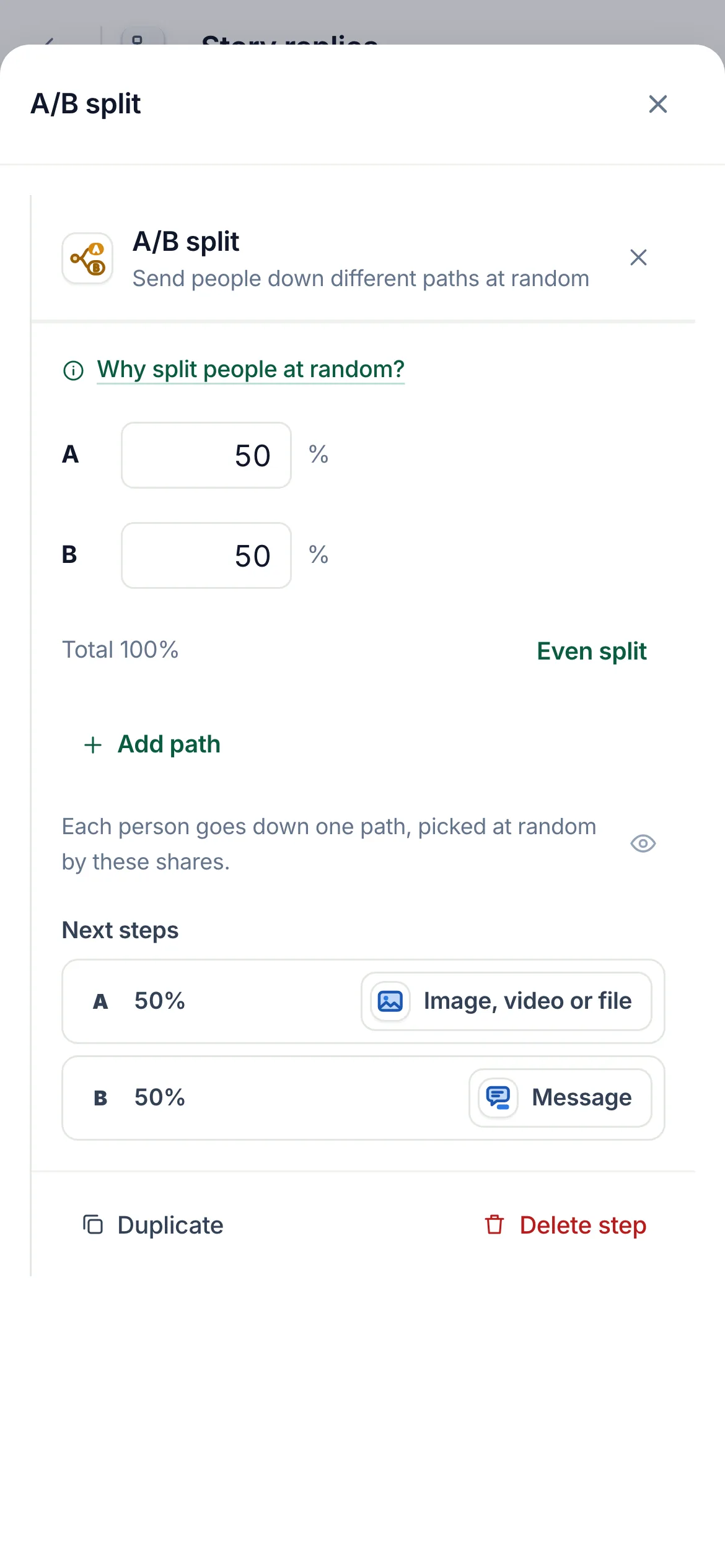 The flow builder with an A/B split selected: 2 paths at random, 50% and 50%, path A to an image and path B to a message.