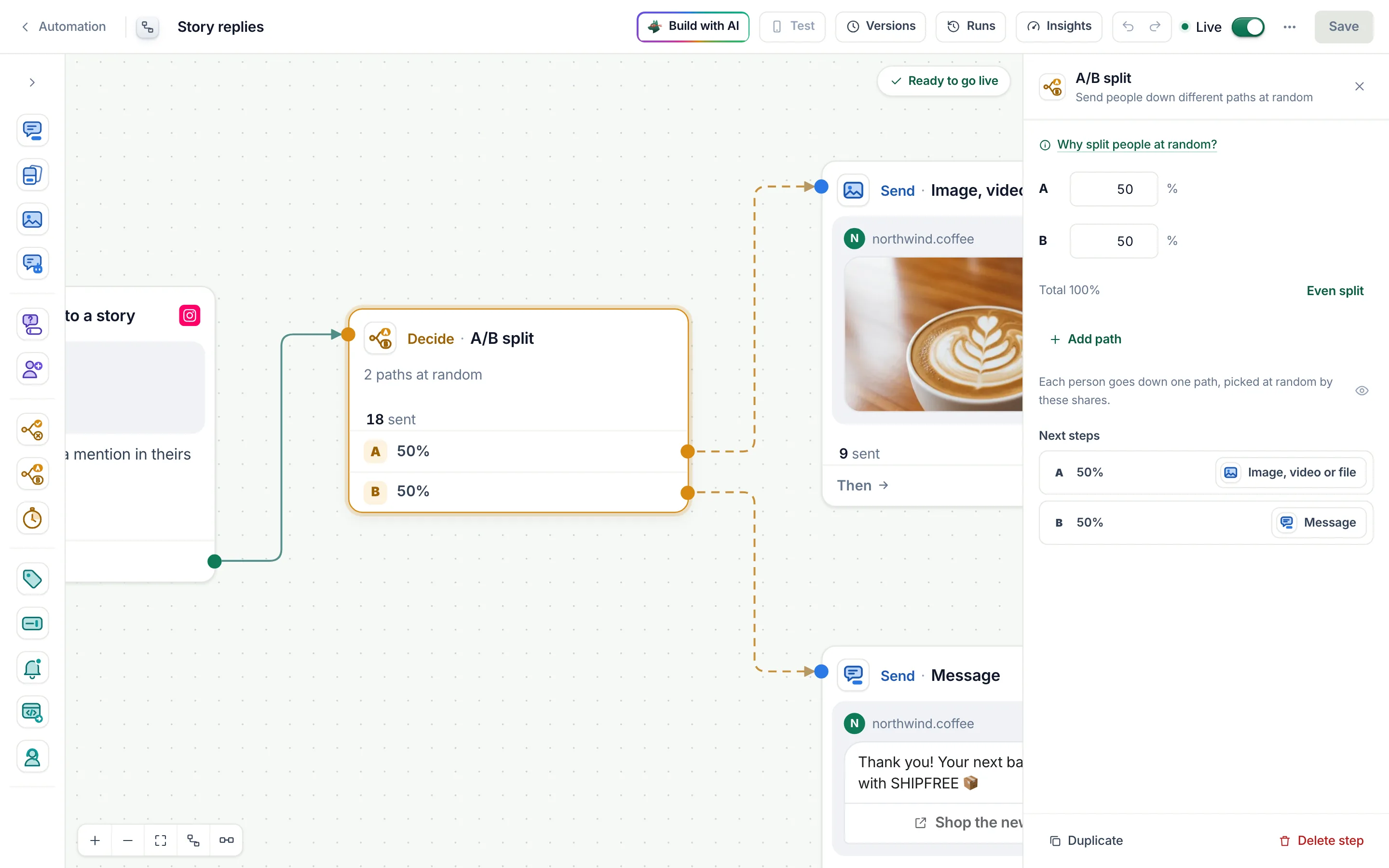 The flow builder with an A/B split selected: 2 paths at random, 50% and 50%, path A to an image and path B to a message.