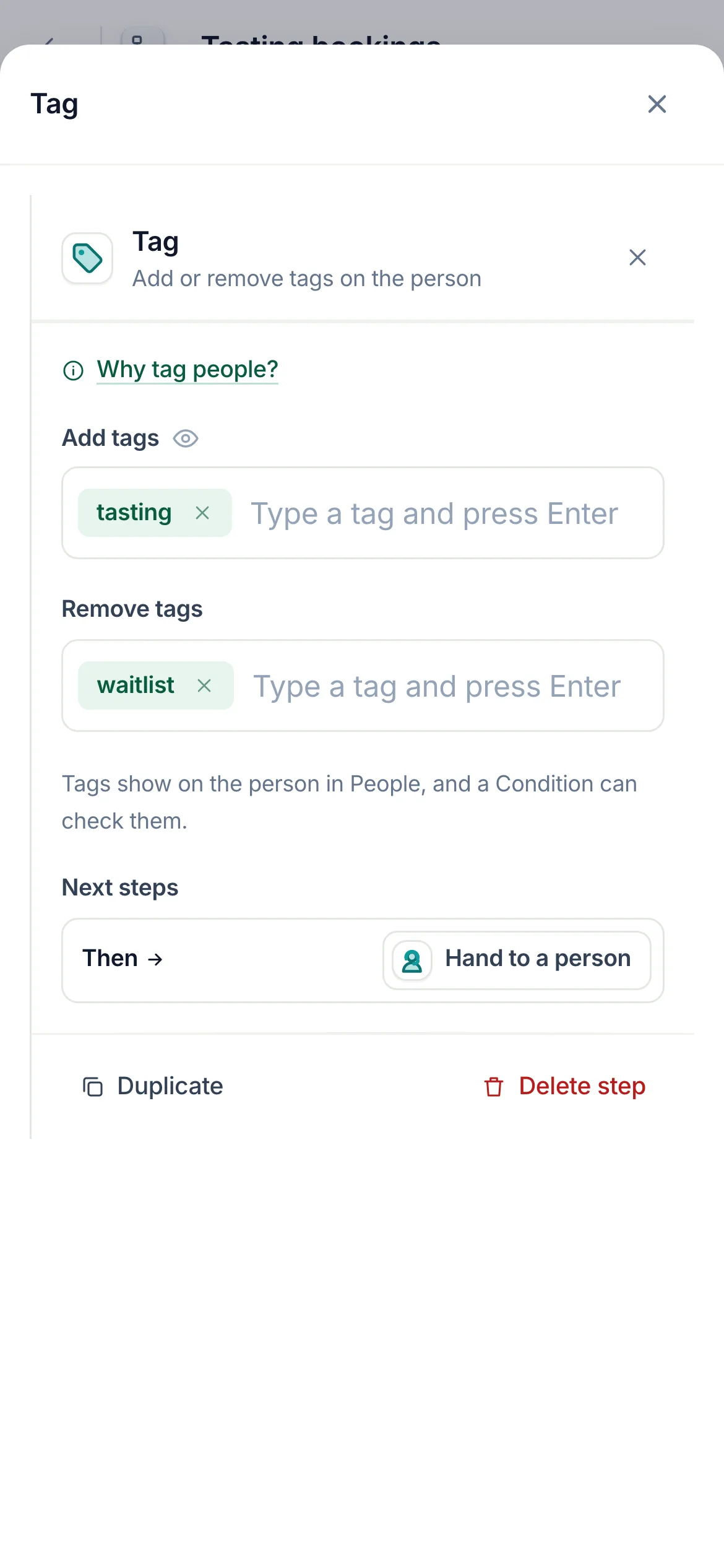 The flow builder with a Tag step selected: + tasting and − waitlist after the question, with Add tags and Remove tags in its settings.