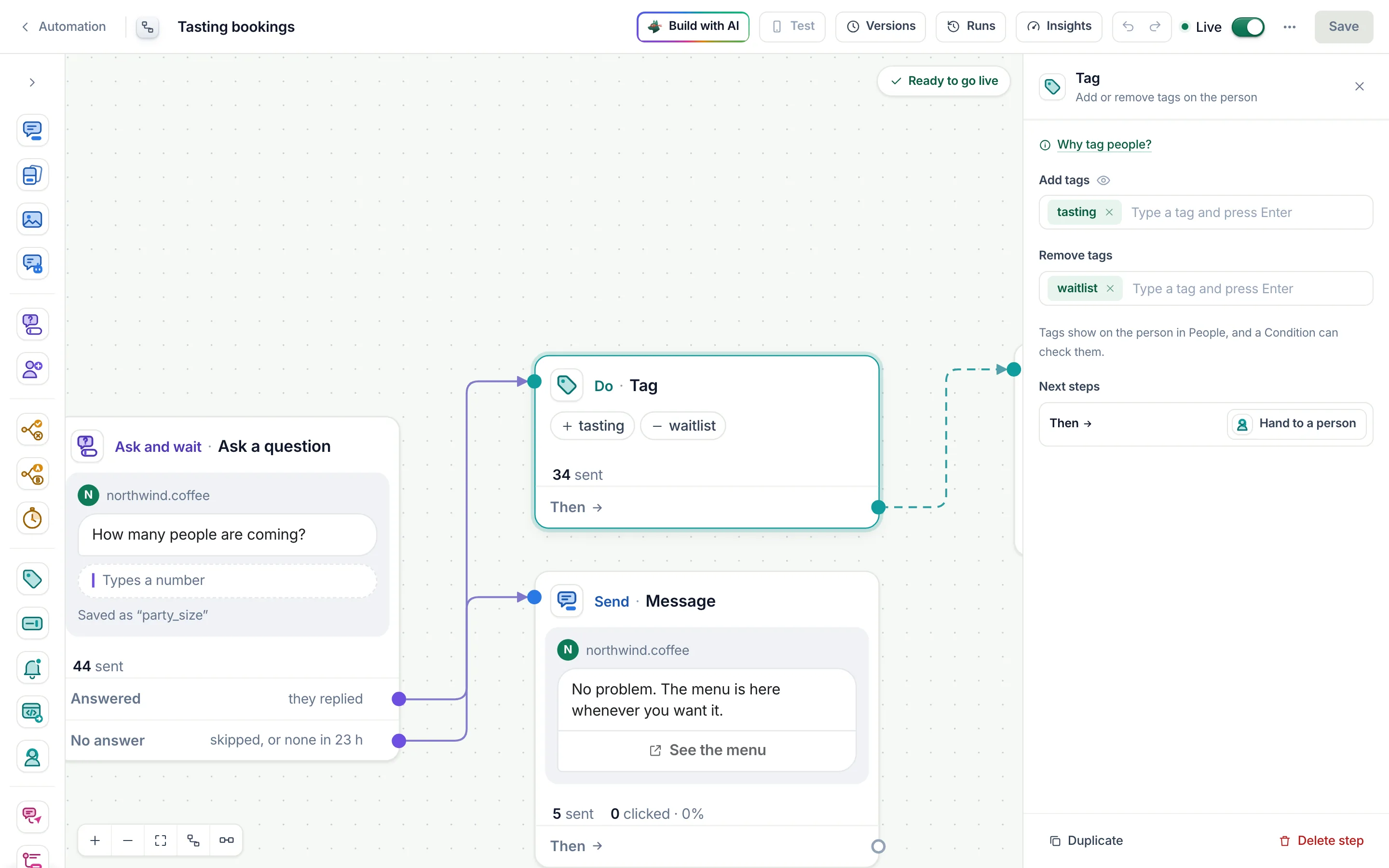 The flow builder with a Tag step selected: + tasting and − waitlist after the question, with Add tags and Remove tags in its settings.