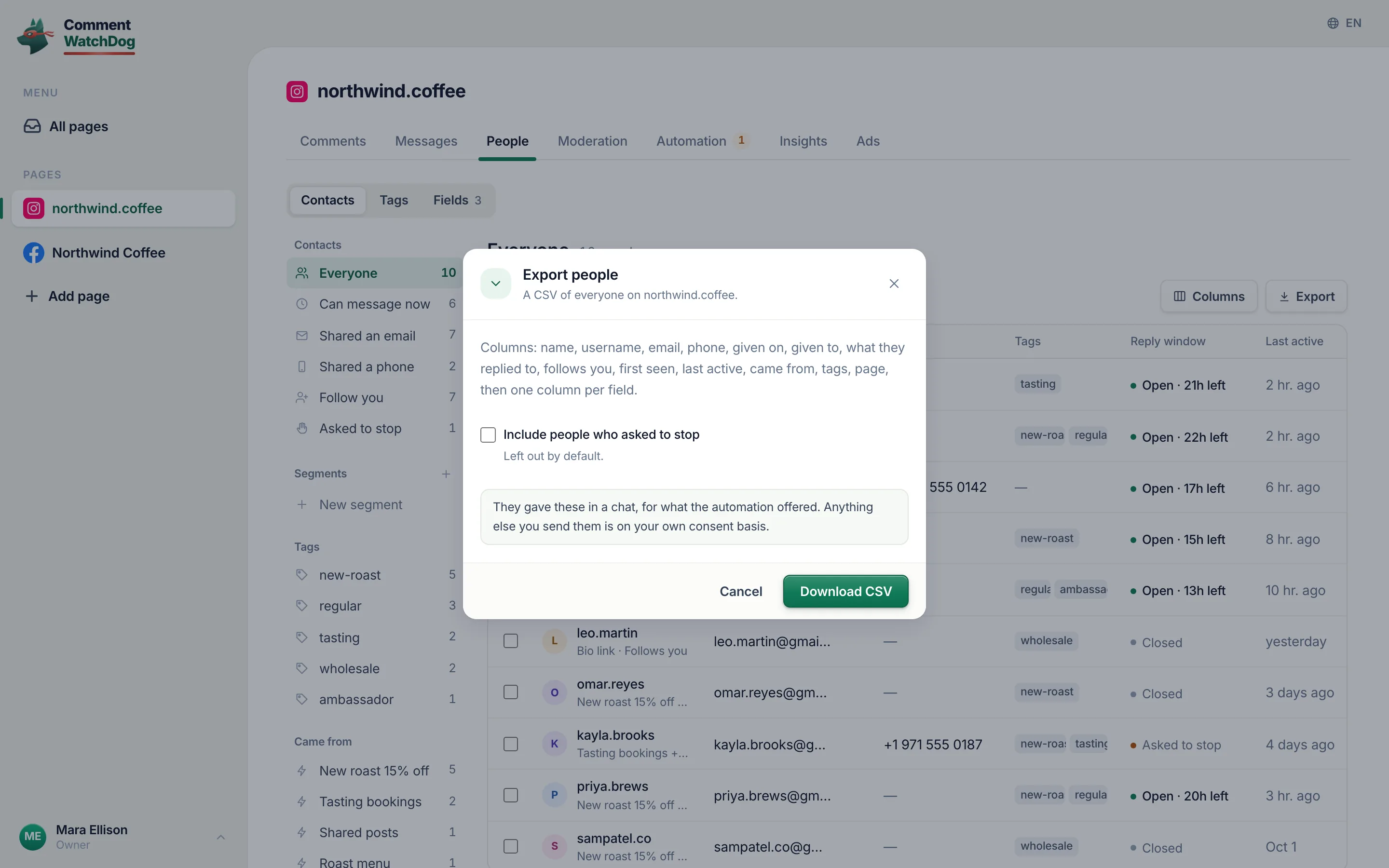 Export people: the scope, the columns, Download CSV.