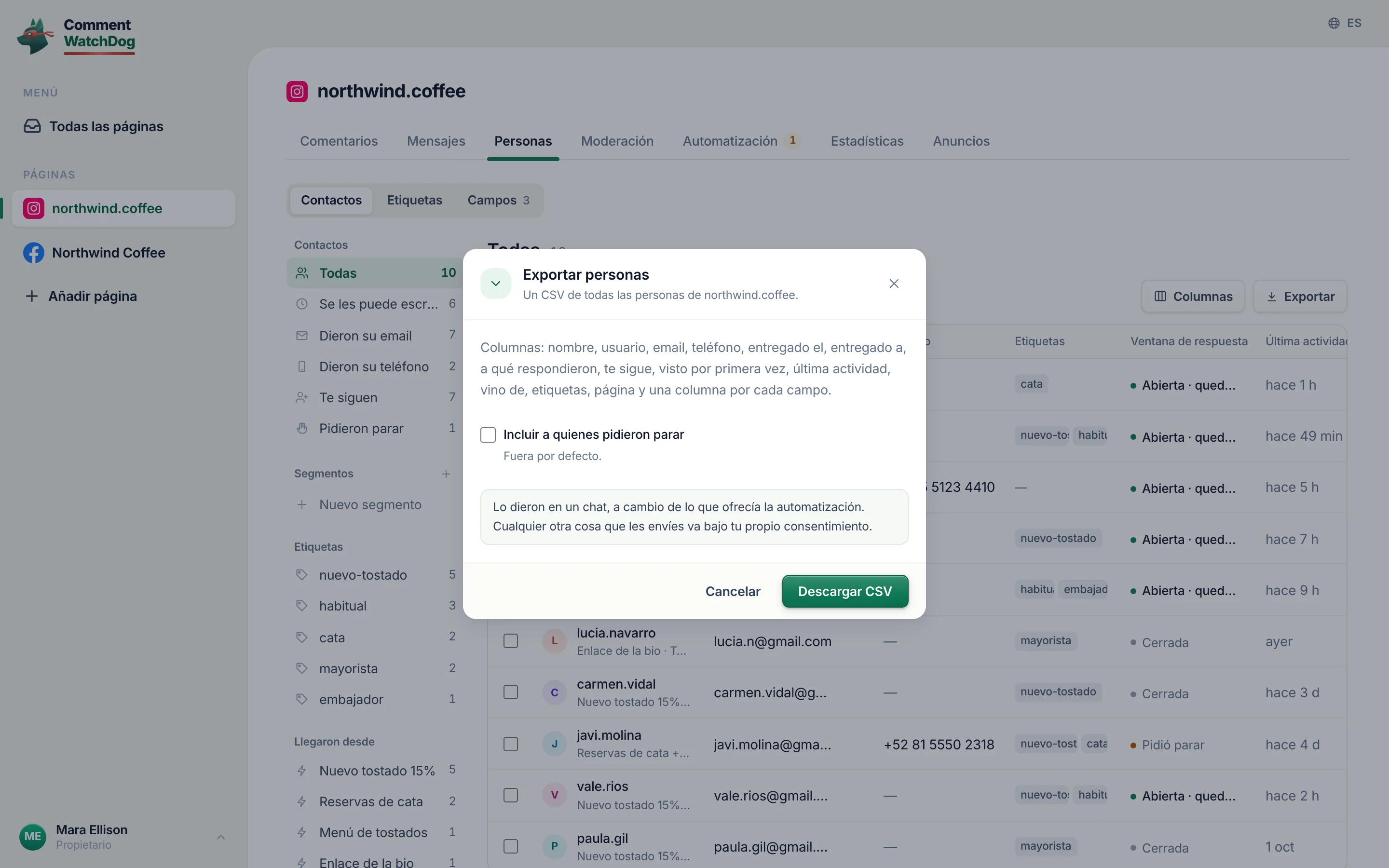 Exportar personas: el alcance, las columnas, Descargar CSV.