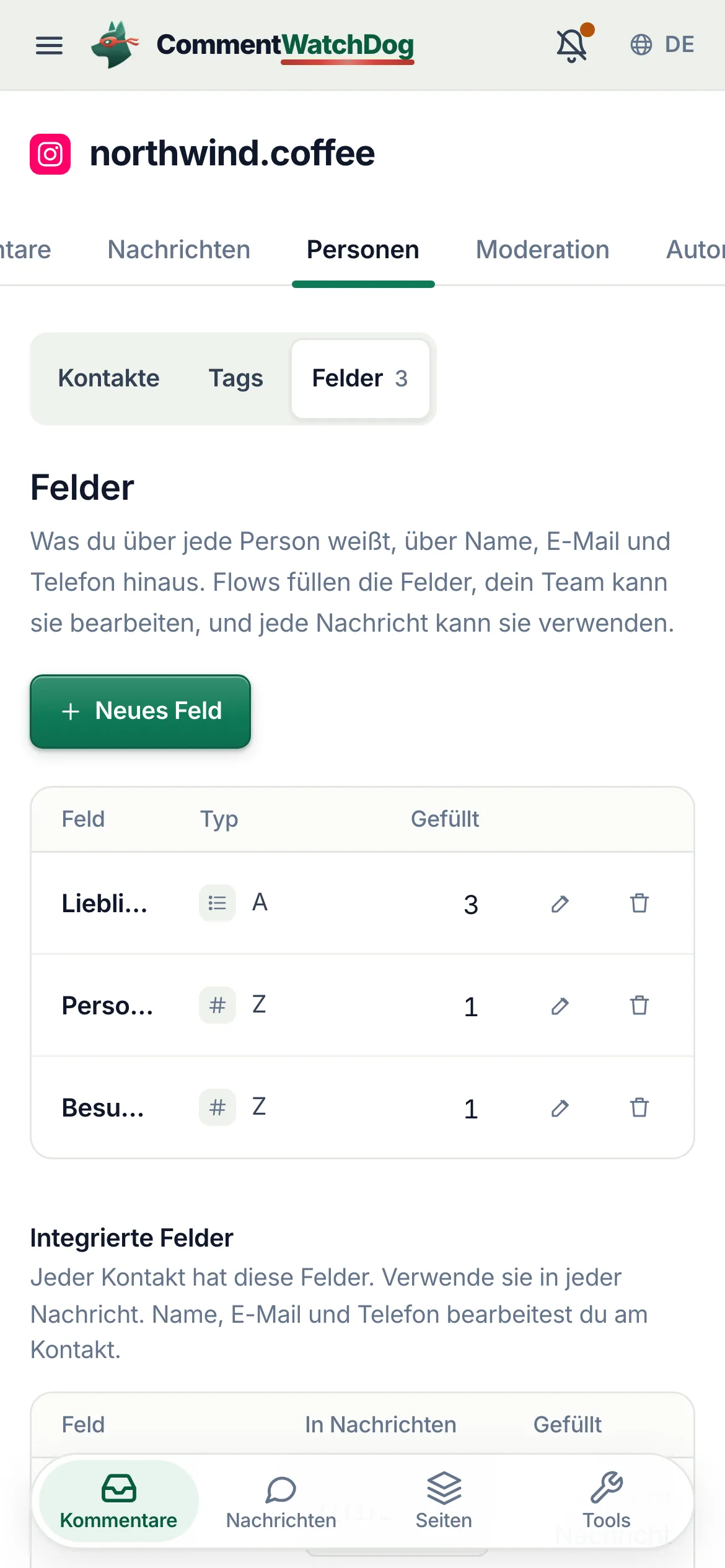 Personen, Tab Felder: Lieblingsröstung, Personenzahl und Kartenaufrufe mit ihren Typen, bei wie vielen Personen jedes gefüllt ist und was es füllt, darunter die integrierten Felder.