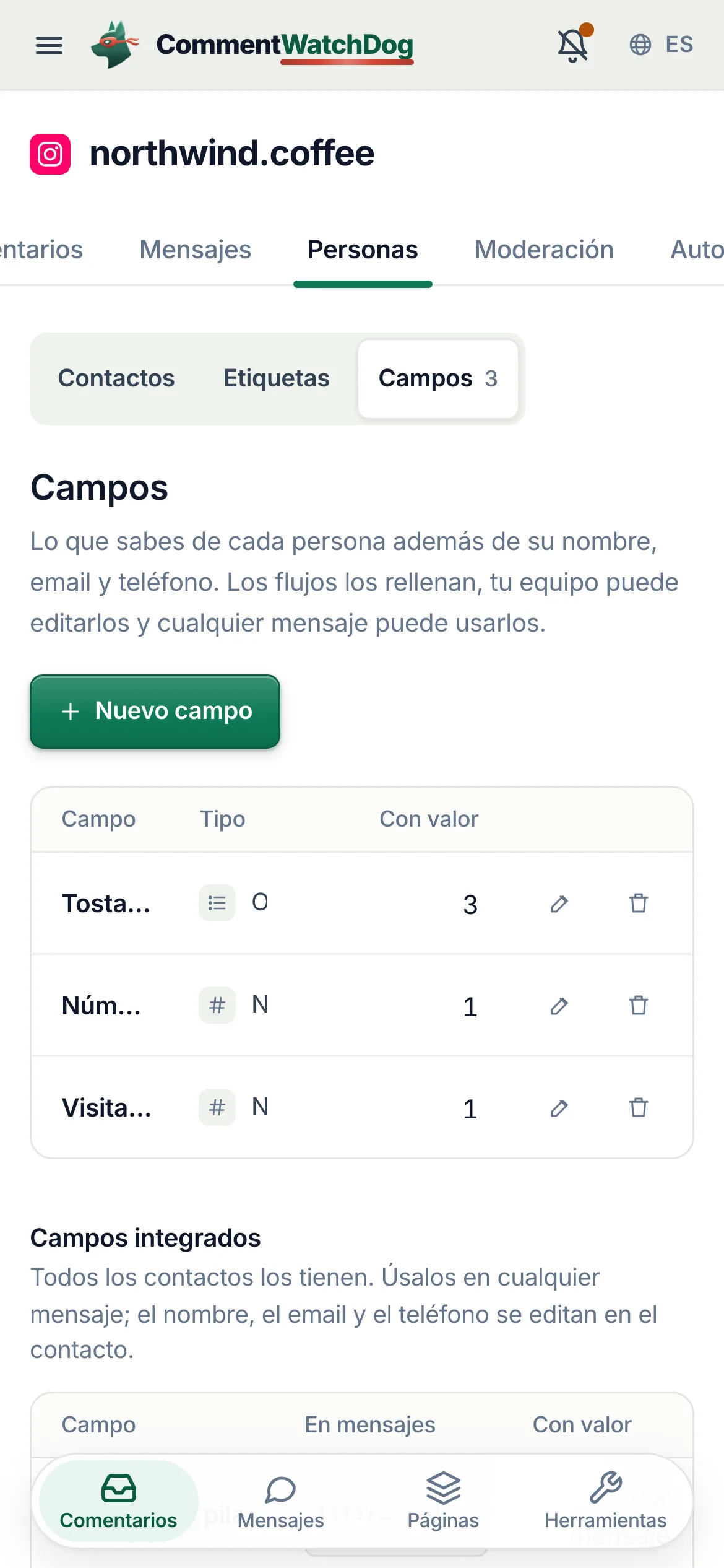 Campos en un teléfono.