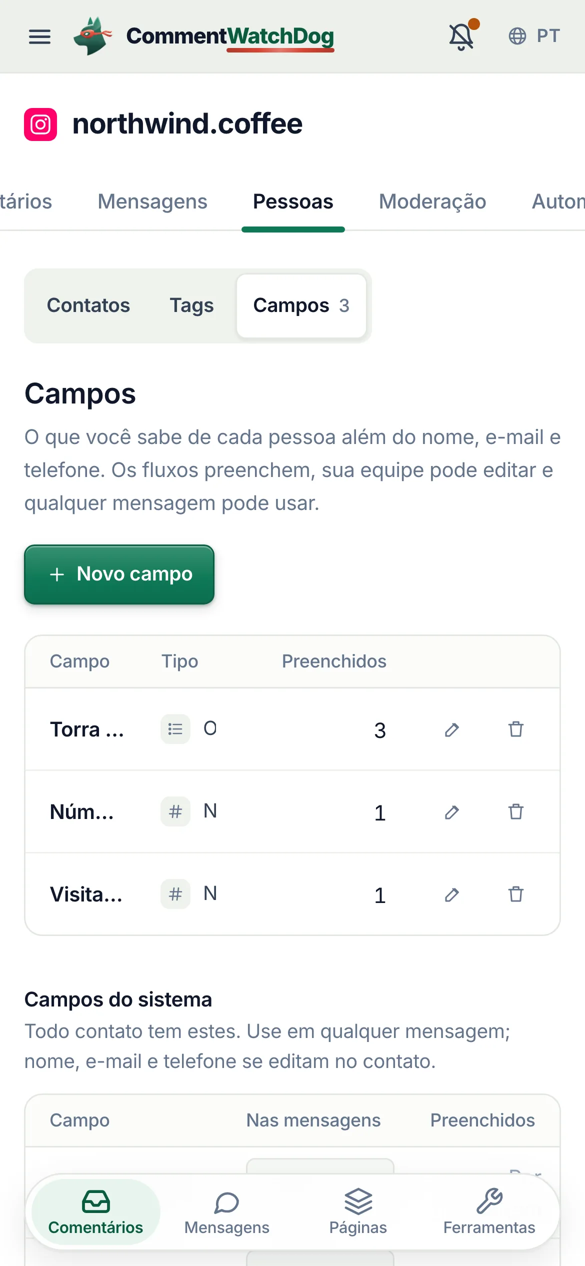 Campos no celular.