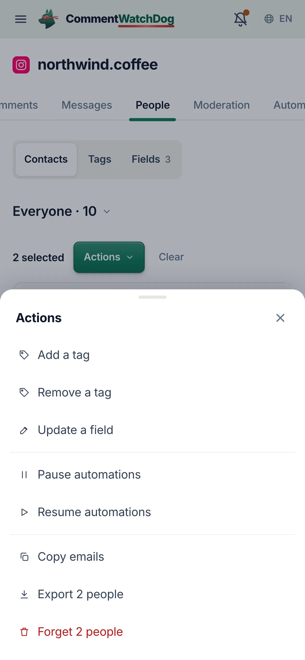 On a phone, Actions opens the same list as a sheet.