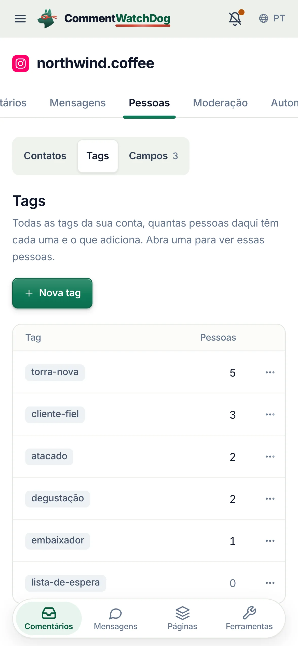 Tags no celular.