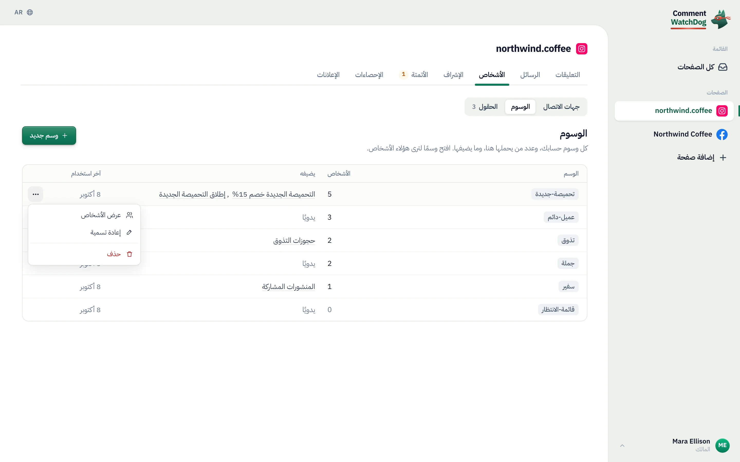 إجراءات الوسم: «عرض الأشخاص»، «إعادة تسمية»، «حذف».