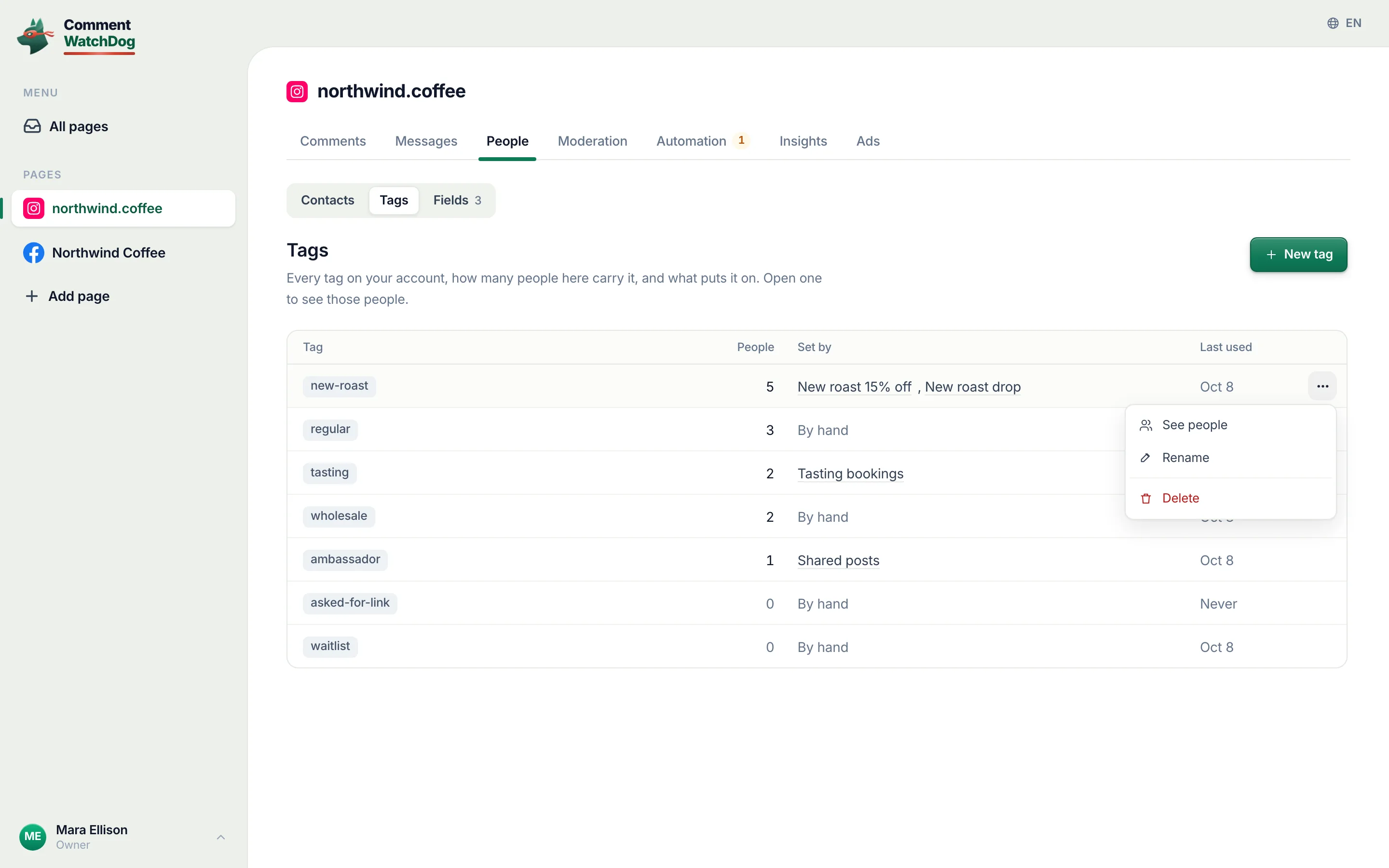 A tag's actions: See people, Rename, Delete.
