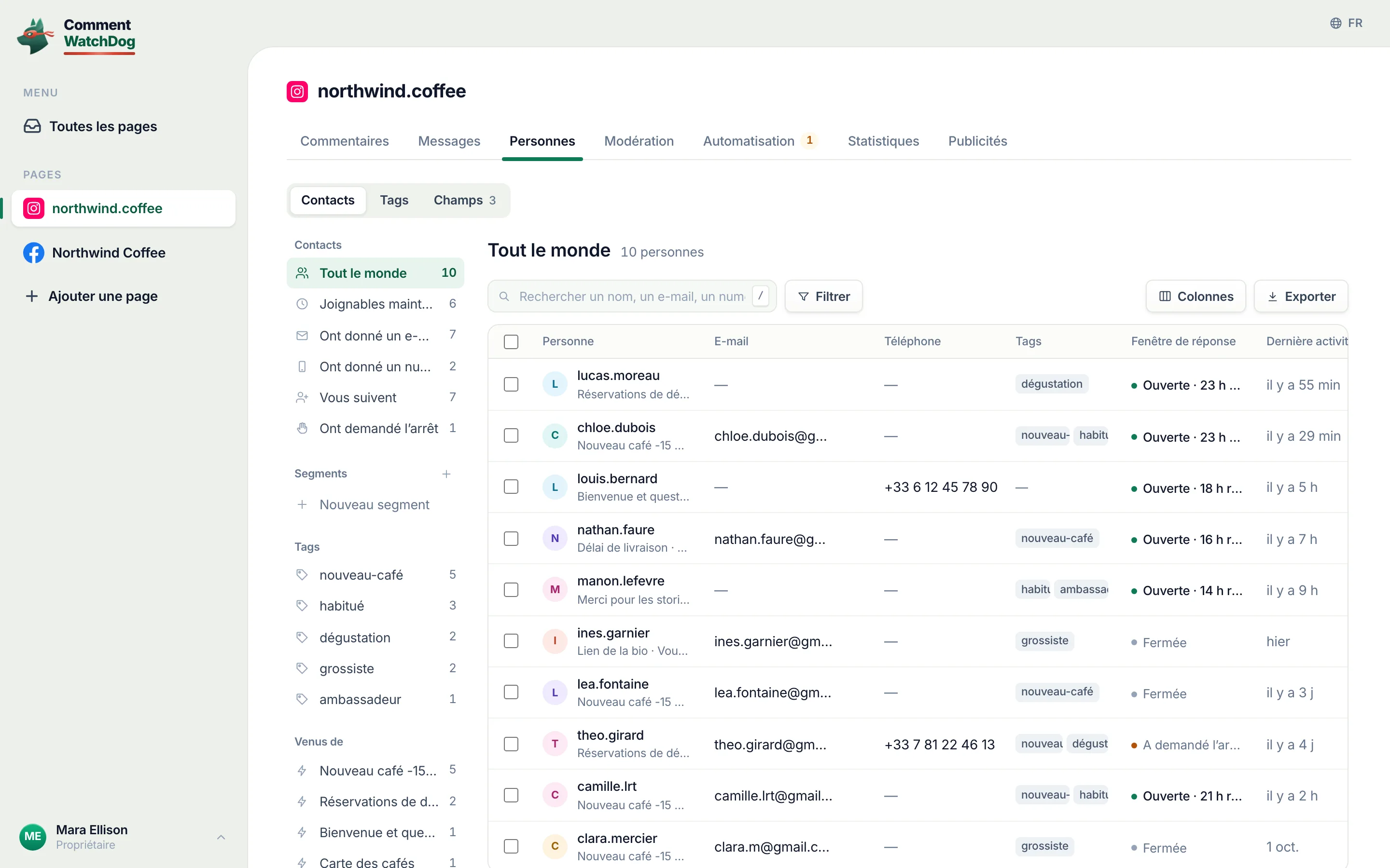 Les contacts avec leurs tags, e-mails, téléphones et fenêtres de réponse.