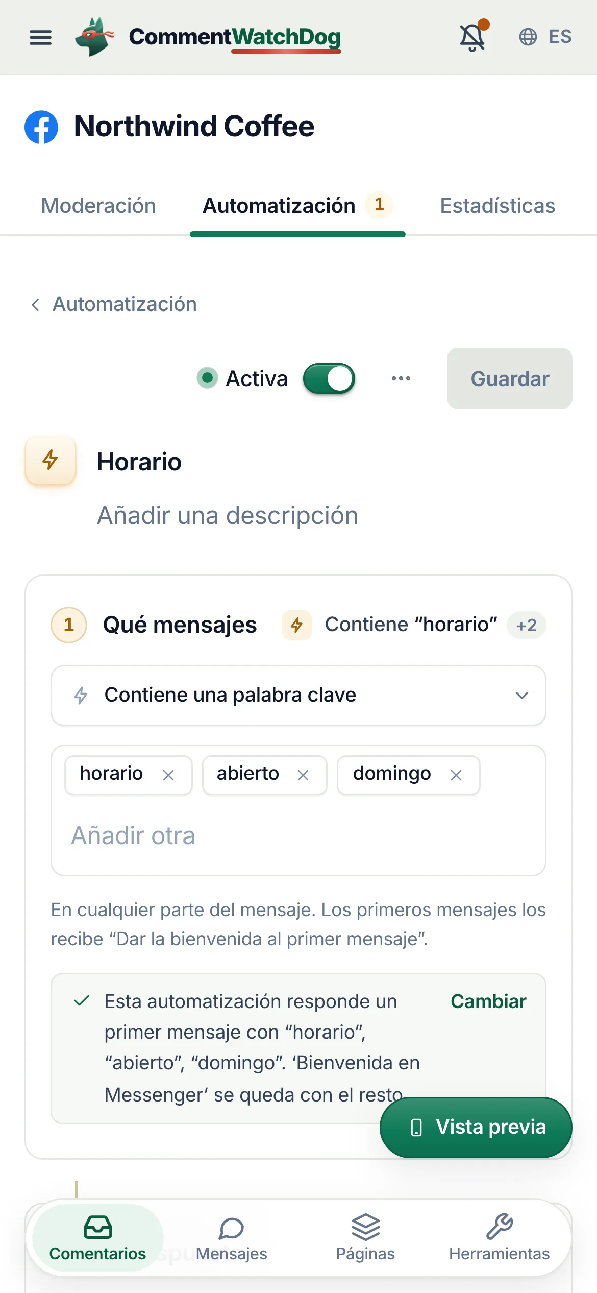 La automatización por palabra clave Horario en la página de Facebook Northwind Coffee, puesta en Activa: Qué mensajes está en Contiene una palabra clave, con las palabras clave horario, horas y abierto, y una nota dice que responde un primer mensaje con esas palabras mientras la bienvenida de Messenger se queda con el resto.