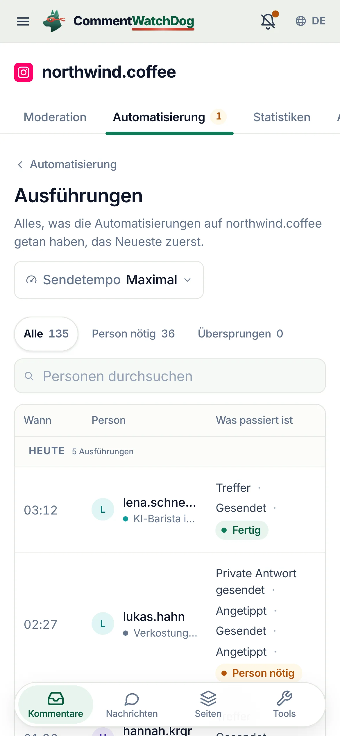 Ausführungen auf dem Handy: die Filter „Alle“, „Person nötig“ und „Übersprungen“ und jede Ausführung mit Person, Automatisierung und ihren Schritten.