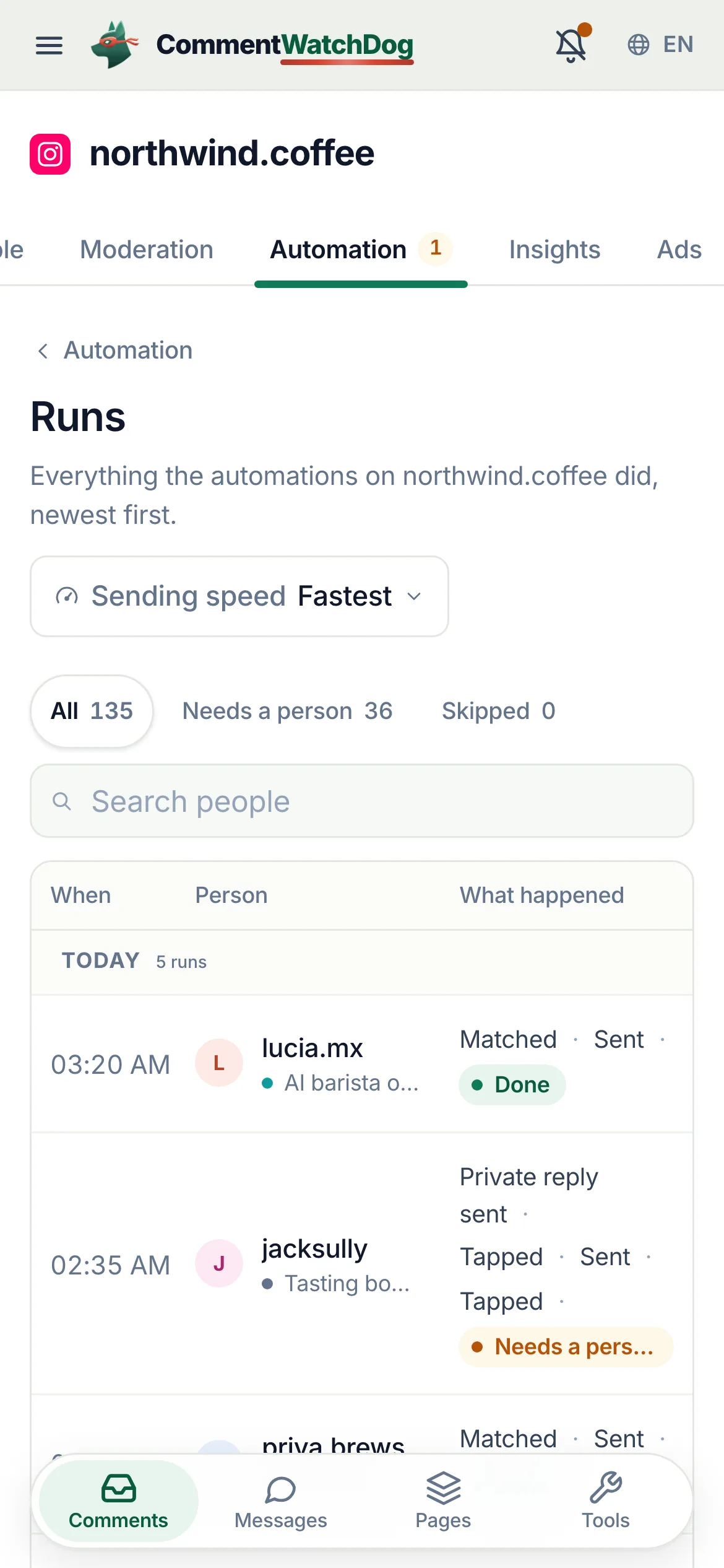 The Runs page on a phone.