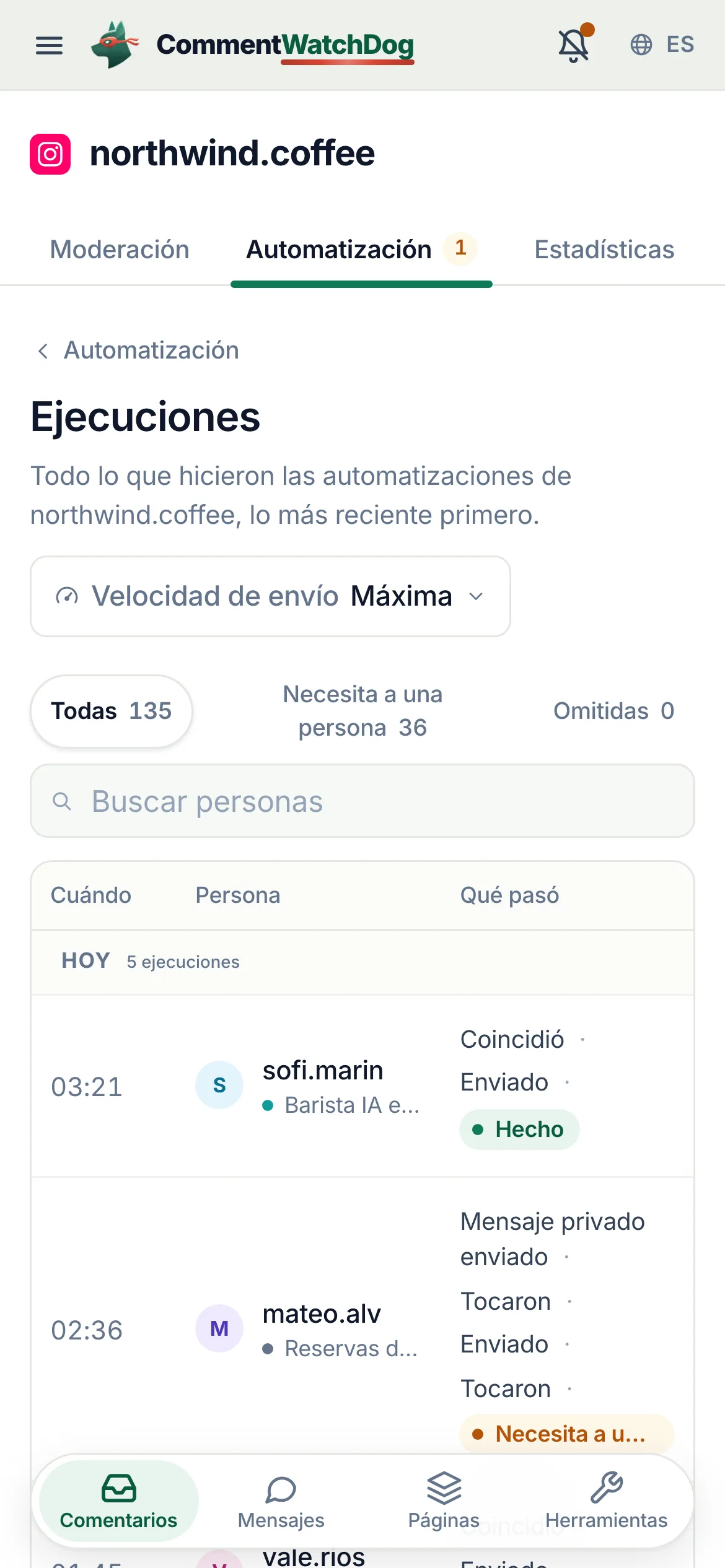 La página Ejecuciones en un teléfono.